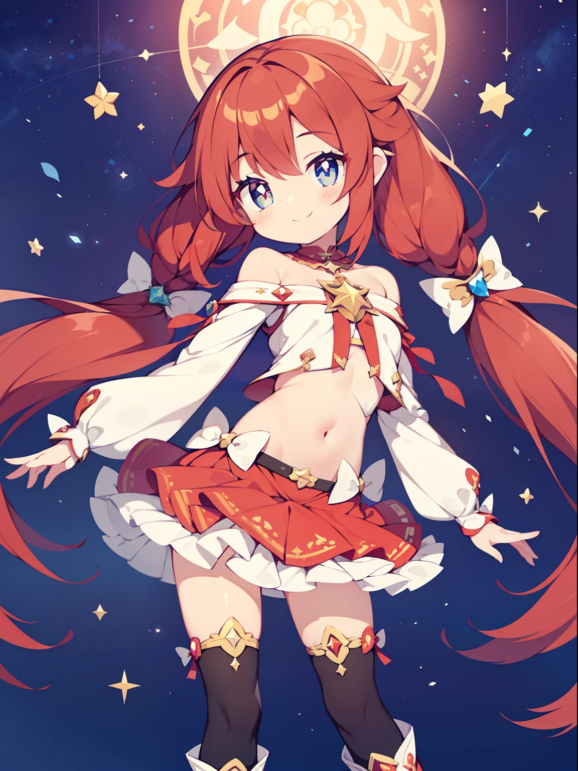 (1girl in:1.2), (Solo:1.2), nffsw、Shaders、Brilliant Textured Work、Ultra-detailed eyes、ultra-intricate pupil in eyes、top-quality、red hairs、Very long hair、magical ***********、Star Ribbon、Double knot、Sanpaku eyes、Stars in the eyes、Navel、Shoulder out、gals、Separated sleeves、Priestess style costume、a frilled miniskirt、Magical Girl Boots、Red colored tights、Smiling smile、