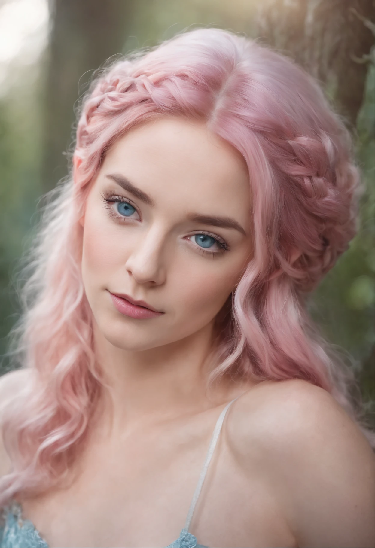1 woman, pink hair, long curly hair, blue eyes, elf