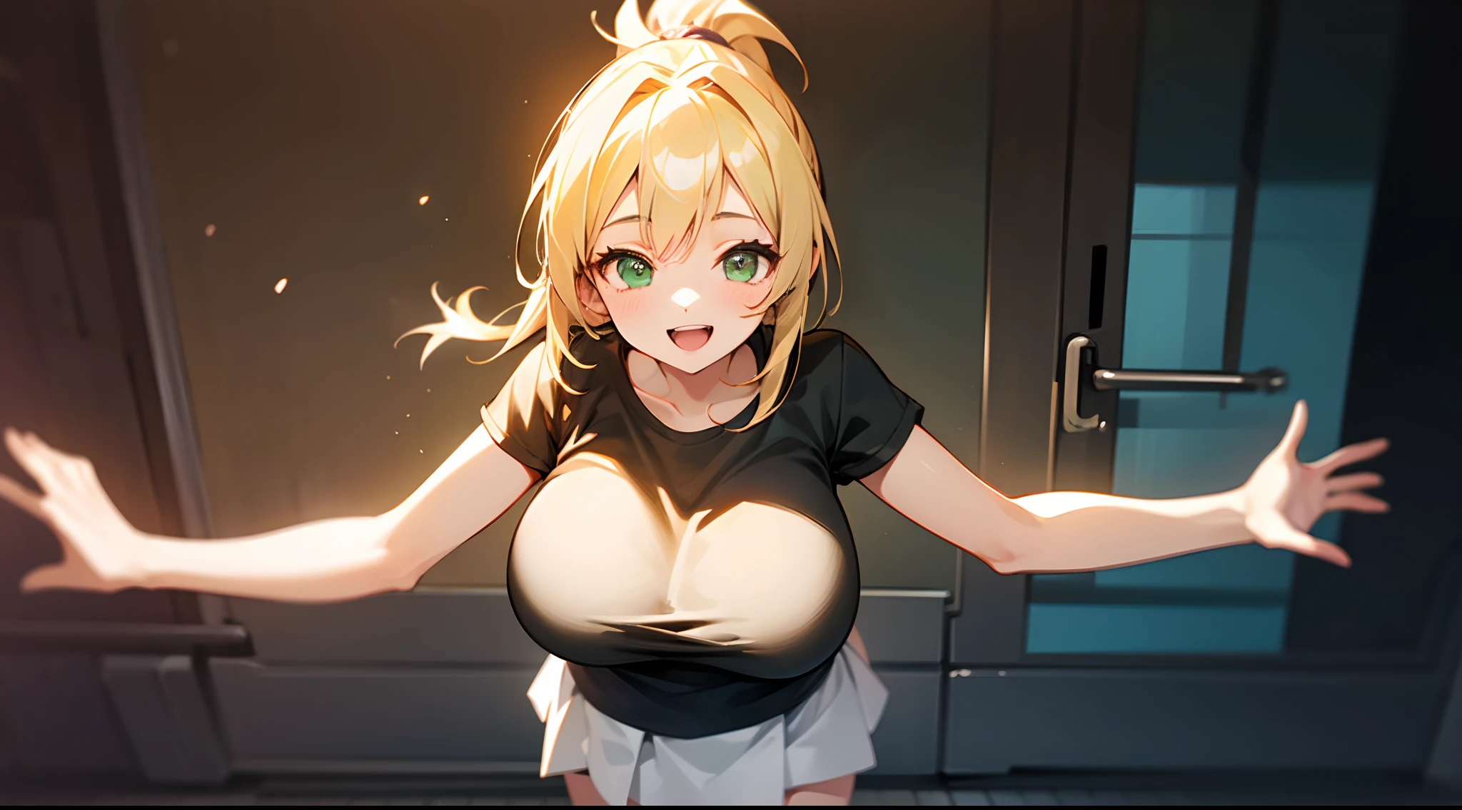 1 girl, game CG, plain black T-shirt, white short skirt, gigantic breasts, blonde, middle hair, ponytail, green eyes, POV, smile, open mouth, standing,