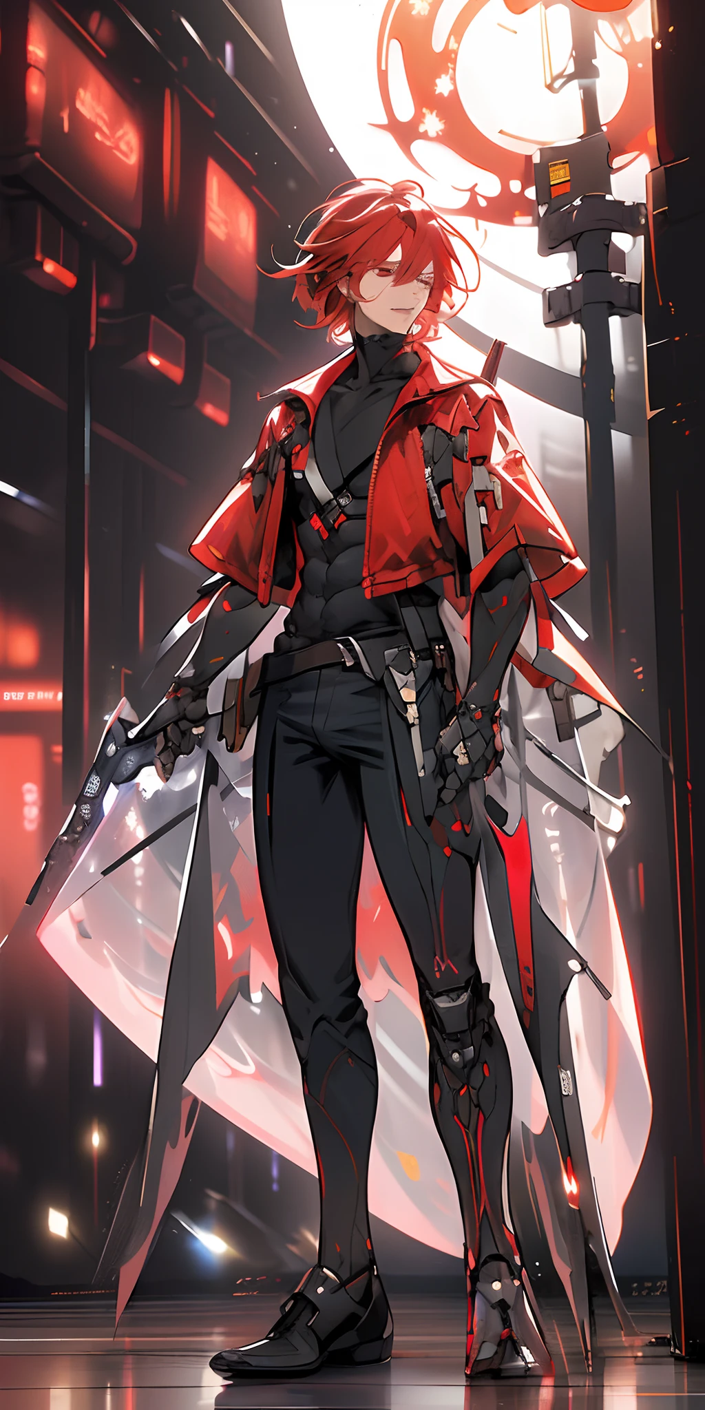 ,(masterpiece:1.2), best quality,realistic,
Cyberworld,Transparent clothes,1man,glowing ,night,weapon, Handsome man , red eyes , short hair , red hair , lean body , muscular,