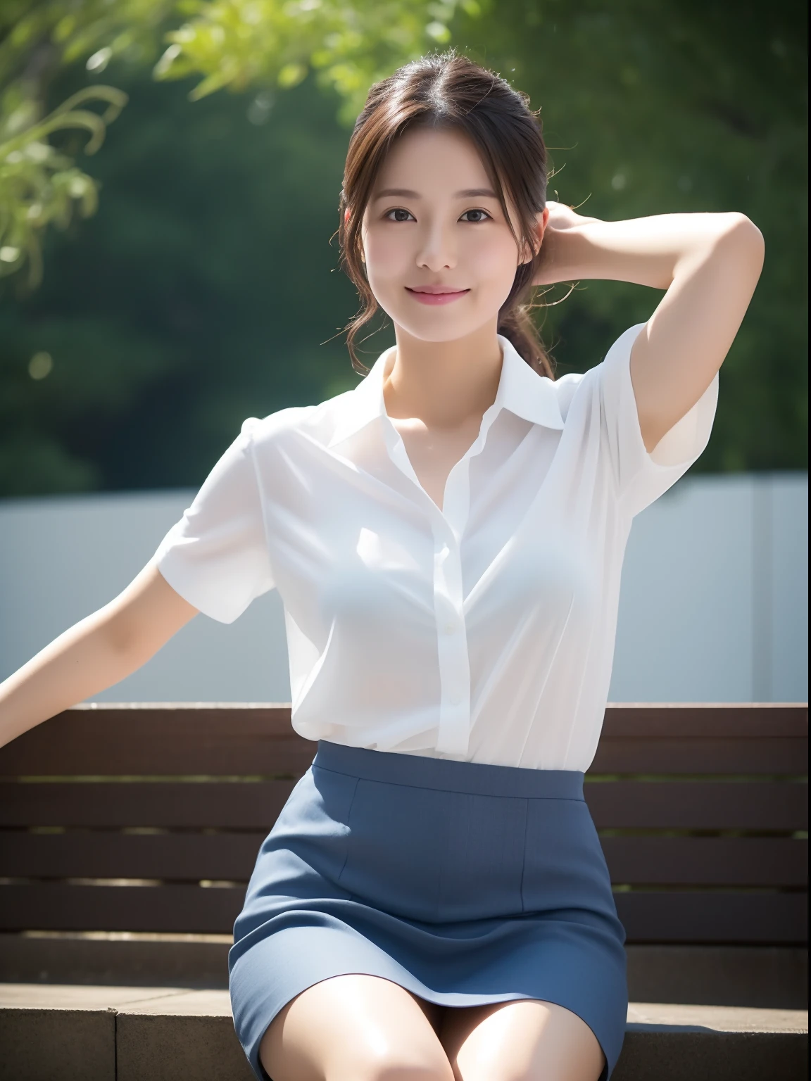 ((top-quality、8k、​masterpiece:1.3、Raw photo))、foco nítido:1.2、(1 AESPA Girl:1.1)、(realisitic、Photorealsitic:1.37)、facefocus、cute  face、kindness、small tits、flat-chest、brunette short messy hair、or ponytail、with arms up、Sitting café、a wet body、Wet white shirt、Business suit skirt、sunlights、电影灯光,