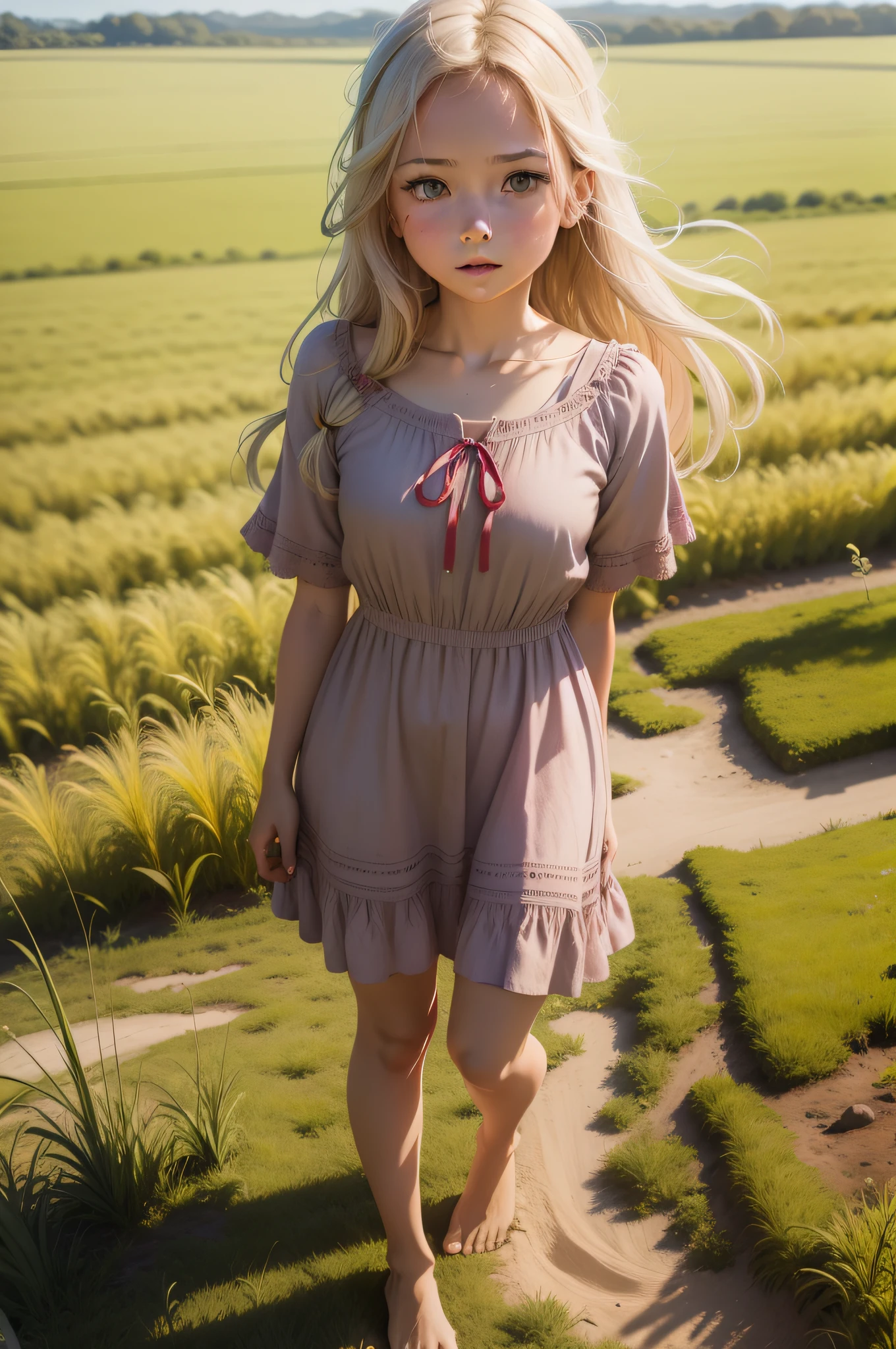 A girl in a barefoot field, usando um vestido rosa, a red ribbon, Asas de fada rosto perfeito rosto de alta qualidade 8k ultra hd