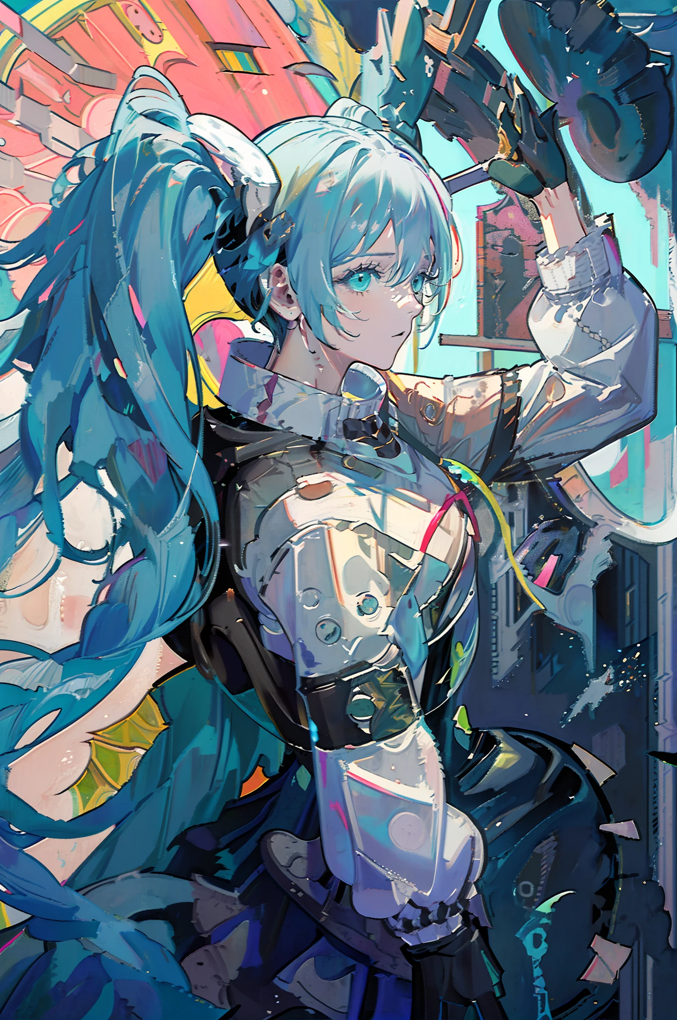 miku hatsune(Top image quality),(The work of the master),(ultra-detailliert),(Detailed depiction of the eyes:1.0),(lensflare:1.0),(Cinematic poster:1.0),(Tarot Border:1.0),Character Center,(a closeup:1.0),(negative space:0.8),(negative space:1.6),(独奏),(a colorful{the wind|water magic|inky|crystalline|icy|firey|loimu|Lightning|netting|boulders|Grit|Particle|brilliance|Bloods}:1.0),(Many colorful{Soap bubbles|​​clouds|thorn|spikes|vine|electric current|spiral|The halo|cube|octahedron}:1.0),(Planktonic{reddish|verdant|Green grass|Eau|Viola|yellow|A black|blanche|greys|pink there|an orange|lime} {bow ribbon|Particle|edg|The drops|Snowflake|softball}:1.0),({crystalline|icy|firey|loimu|the wind|Eau|planet earth|stony|spaces|musical|sonic|swirls} {Magic}:1.0), ({Ray traching,Glowering|Mottled sunbeams,llight rays,Caustics|mistic,eery|Carefree,pastels}:1.2), ({Colorful|Irridescent color|multi colored}:1.0),(beautiful detailed brilliance:1.0),({Slouched|back-view|tilted to the side|}:1.2),{ (A smile:1.0)|(a smirk:1.0)|(grim facial expression:1.0)},({Has a small|Has a small||s lips、Eye lashes}:1.0),{grinning evily|:1.2},({Eyelashes|eyeshadows||}),{Close one eye|||},({Red|Green|Blue|aqua|Purple|yellow|Black|white|greys|orange|lime} hair:1.4 ),({Short|long} ),({frombelow|From  above|From Side|from the rear|front viewer}:1.3),(aureola:1.3),(tilt of the head:1.0),(dynamicposes:1.1),(Asymmetrical hair:1.2),({reddish|verdant|Green grass|Eau|Viola|yellow|A black|blanche|greys|pink there|an orange|lime} {|doress|outfits}:1.0),({Formal|Military|tech wear|Urban style|casual,dressed casually|Fantasy,magician|Sauvage,tribal|scientific fiction,Futuristic,Watches,time,}),({plaid skirts|layered skirts|Puffy dress|tights|trouser|shortpants}),({reddish|verdant|Green grass|Eau|Viola|yellow|A black|blanche|greys|pink there|an orange|lime} {The eye|The eye|collofull eyes}:1.4),{(brow:1.5),asymmetrical bangs|oblique bangs|hair between eye|bluntbangs|swept bangs},{Blindfold|Twin-tailed|||