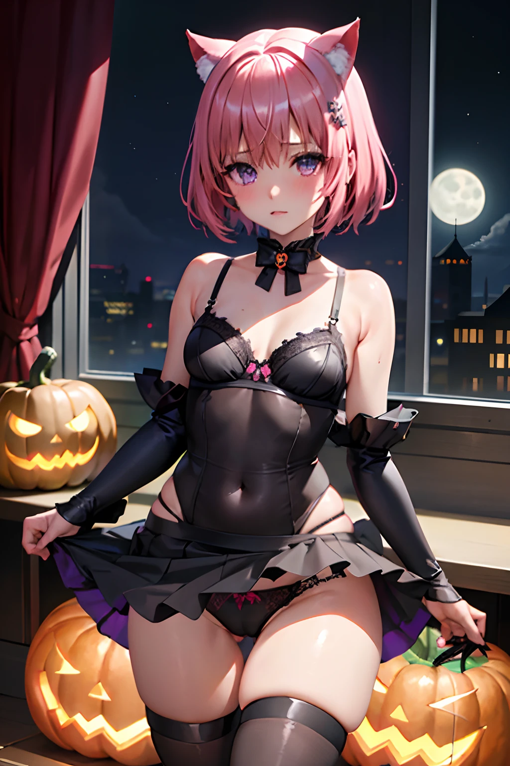 (top-quality:1.1), (masterpiece:1.4), (absurderes:1.0), portlate, a closeup,
1girl in、Momovelia Deviluk、hair adornments、bob cuts、Shorthair pink hair、a purple eye、Medium chest、((Black bra))、looking at the viewers、Bedroom、(red blush:1.2)、embarassed expression、(((Black Knee High)))、black backgrounds、((a miniskirt))、((Opening legs))、thigh high boots、Pumpkin Lantern、fullmoon、(Black cat ears)、(Black panties)
