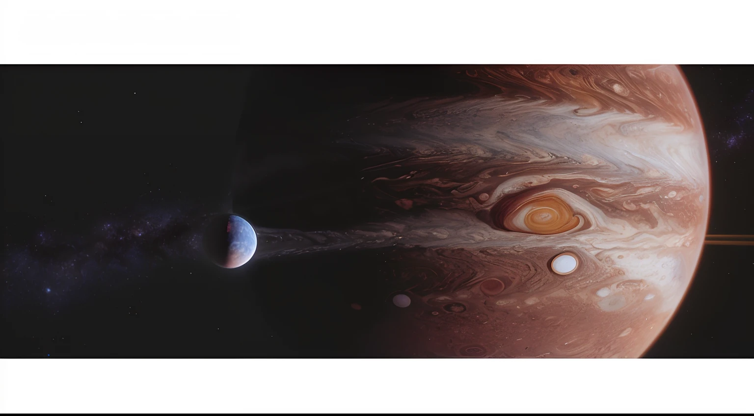 um close up de um planeta com uma lua ao fundo, Hiper realismo interestelar, cinematic scifi shot, Cinematic space setting, Lunch time in Jupiter, on planet jupiter, orbitando um gigante gasoso, in honor of jupiter's day, detailed cinematic shot, cena vfx altamente detalhada, pintura fosca 4k 8k, orbitando um planeta gigante gasoso, Pintura fosca 8K