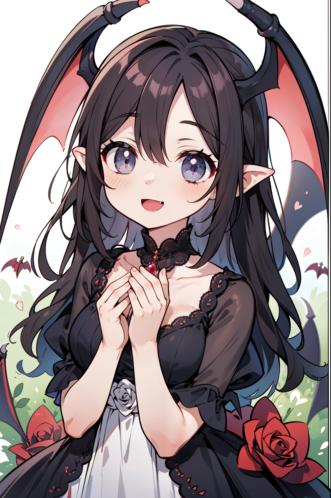 女の子1人、((Vampires))、Mouth opens a little、A smile that opens its mouth slightly、Dark hair、length hair、long ears、Beautiful eyes and delicate face、masutepiece、top-quality、Lori girl in rose lace dress、Rose Dress、(Lace Material)、kawaii、Soft smile、classy、Lori