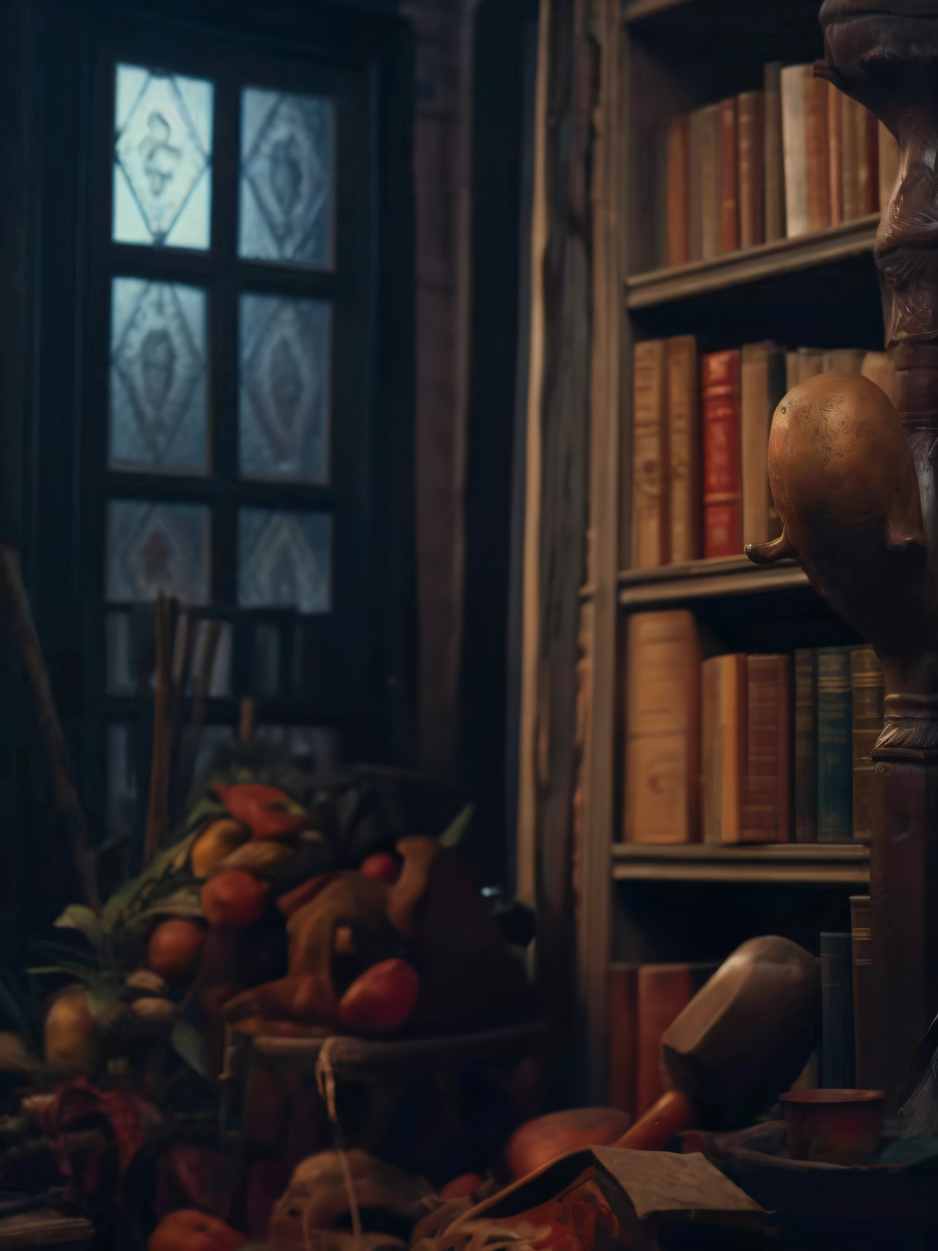 There is a wooden shelf，There was a bunch of books on it, detailed cinematic rendering, ps5 cinematic screen capture, alchemist library background, from witcher (2021), detailed cinematic shot, photorealistic cinematic render, realistic cinematic shot, film render, Cinematic detail, Shot in the middle of the movie, library background, cinematic shot ar 9:16 -n 6 -g