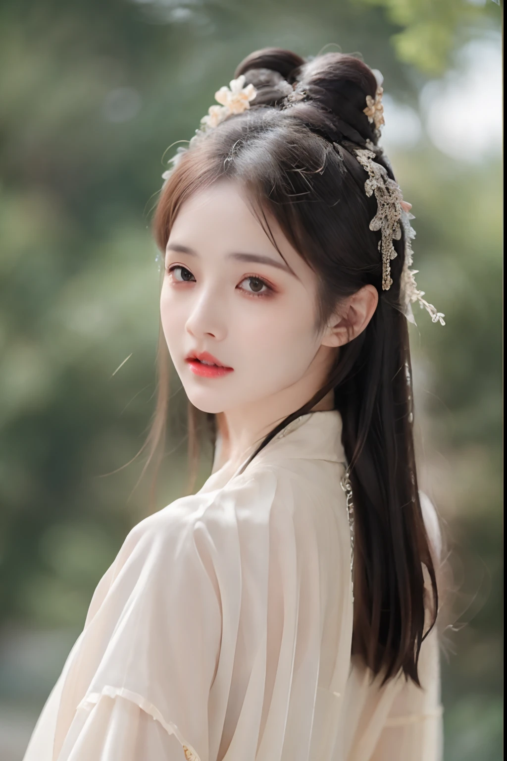 ((Best Quality, 8k, Masterpiece: 1.3)), Focus: 1.2, Perfect Body Beauty: 1.4, Buttocks: 1.2, ((Layered Haircut)), (Wet Clothes: 1.1), (Rain, Street:1.3), (Breasts: 1.2), (Hanfu: 1.2), Bare Shoulders, Bare Legs, Highly Detailed Face and Skin Texture, Fine Eyes, Double Eyelids, Whitened Skin, Long Hair, (Shut Up: 1.5), (Bokeh Background: 1.5), Big Breasts
