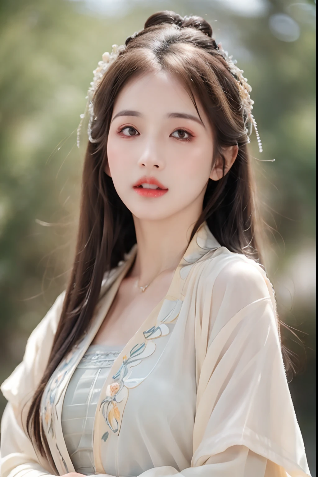 ((Best Quality, 8k, Masterpiece: 1.3)), Focus: 1.2, Perfect Body Beauty: 1.4, Buttocks: 1.2, ((Layered Haircut)), (Wet Clothes: 1.1), (Rain, Street:1.3), (Breasts: 1.2), (Hanfu: 1.2), Bare Shoulders, Bare Legs, Highly Detailed Face and Skin Texture, Fine Eyes, Double Eyelids, Whitened Skin, Long Hair, (Shut Up: 1.5), (Bokeh Background: 1.5), Big Breasts