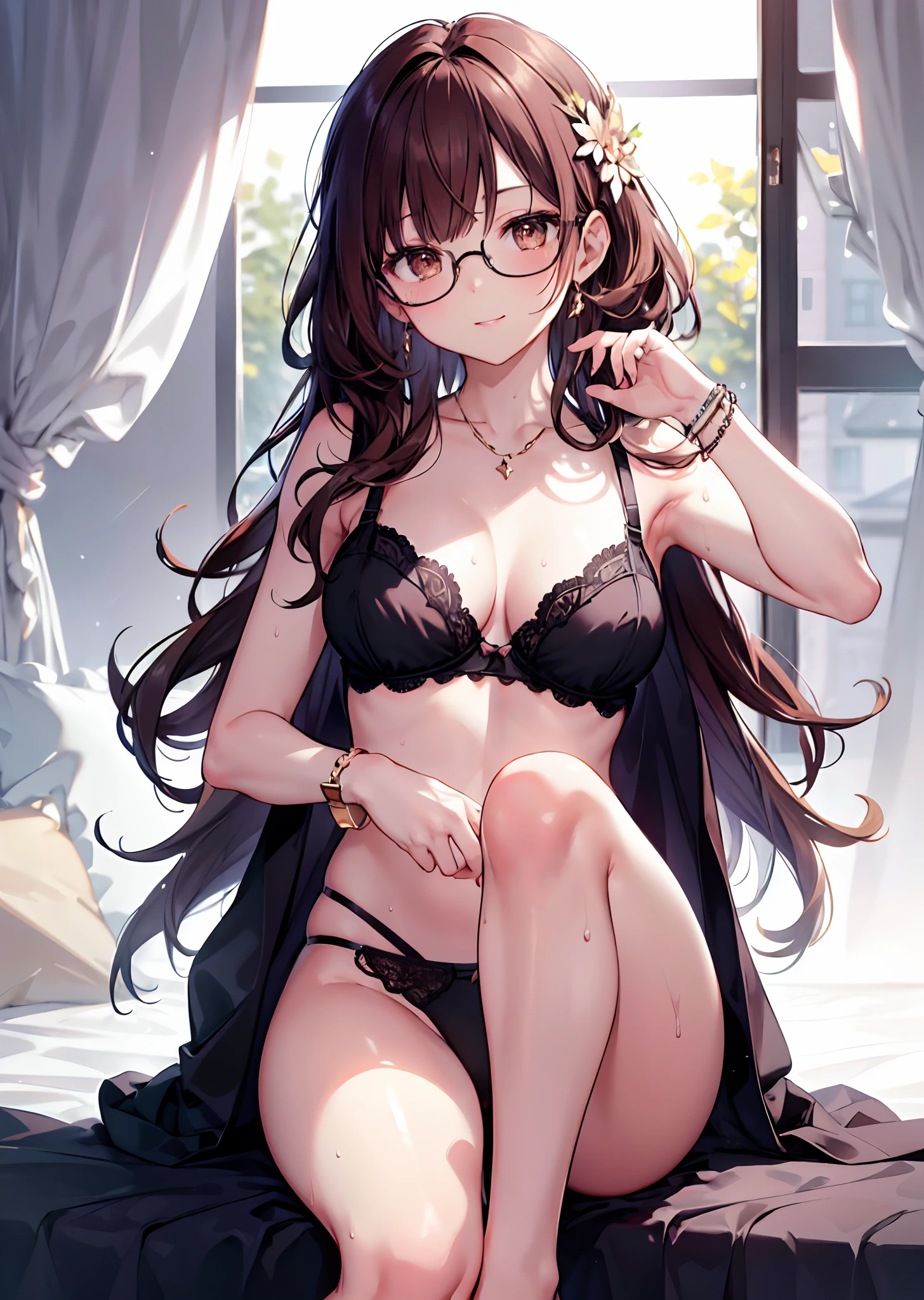 master piece, best quality, ultra-detailed, High, 4k),(beautiful detailed eyes),(very detailed face),(1 girl),HDR,long hair, , brown eyes, brown hair, bracelet,jewellery, watch, plucked lips, ground focus, nail polish, smile, wristwatch, Looking at Viewer, sweat, glasses, cuteness, beautiful pose, full body character, lingerie, underwear, bra, white background