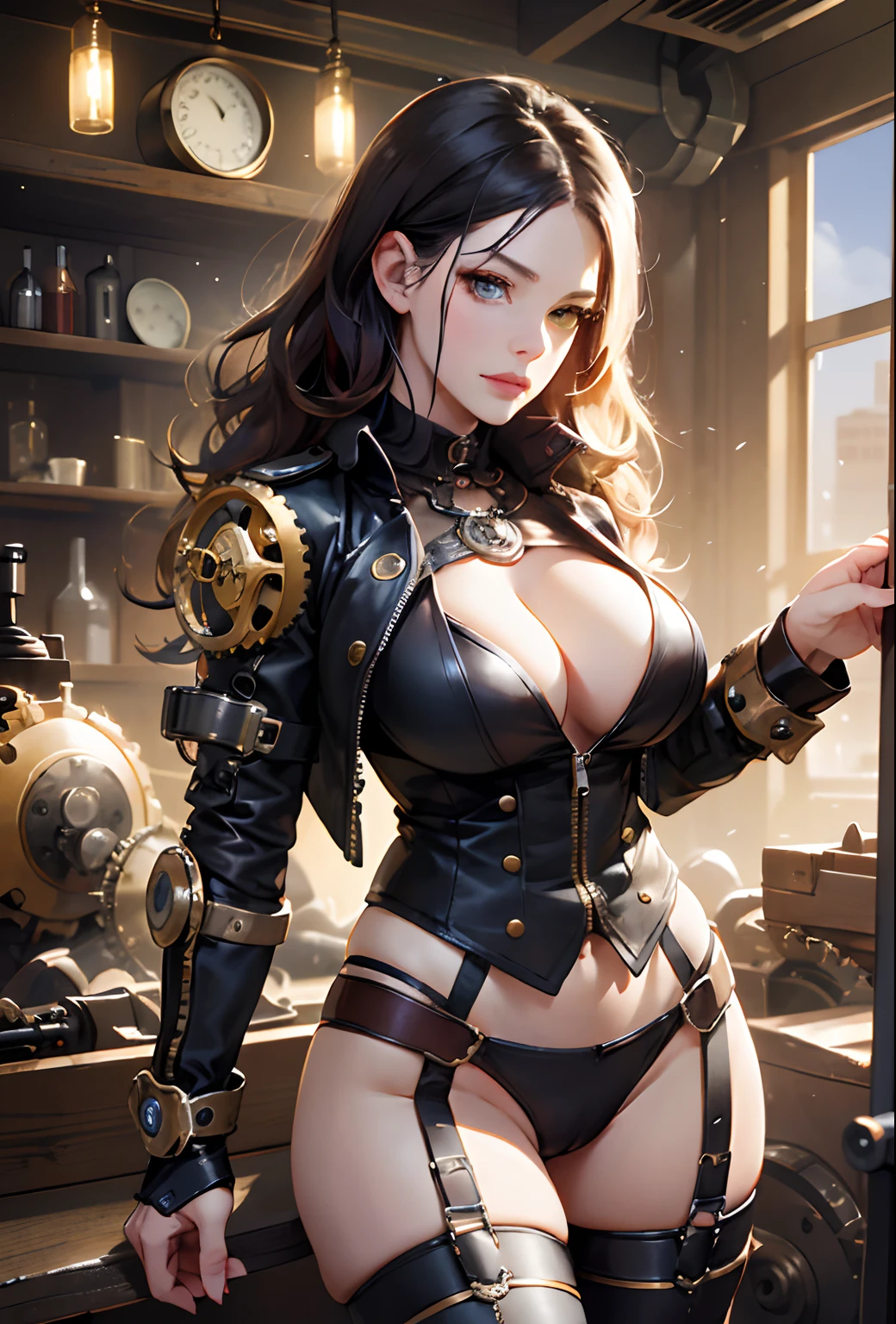 (absurdres, highres, ultra detailed), 1woman, mature female, sandra bullock, slender jaw, wavy long hair, split-color hair, heterochromia, bangs, long sleeves, finely detailed eyes and detailed face, extremely detailed CG unity 8k wallpaper, intricate details, (style-rustmagic:0.8), (medieval cyborg:0.8), portrait, (bloody wounds:0.7), looking at viewer, solo, half shot, detailed background, (steampunk theme:1.1) determined expression, dark couds technomancer, floating lights, color leather vest with gears, techwear, jetpack, workshop in background, machines, gears, steam, industry, technology, furnace, grime, anvil, buttons, levers, automaton, electricity, electric sparks epic atmosphere,, portrait(((steampunk sexy girl,big ass, big sagging natural breast, very marked cameltoe, ??????? grandes y marcados bajo la ropa, ??????? en punta,suggestive pose, steampunk full clothes insane detail, intricade detail clothes, gabardina larga, steampunk city background, ?????? marcada, ?????? sobresaliente, cleavage,)))