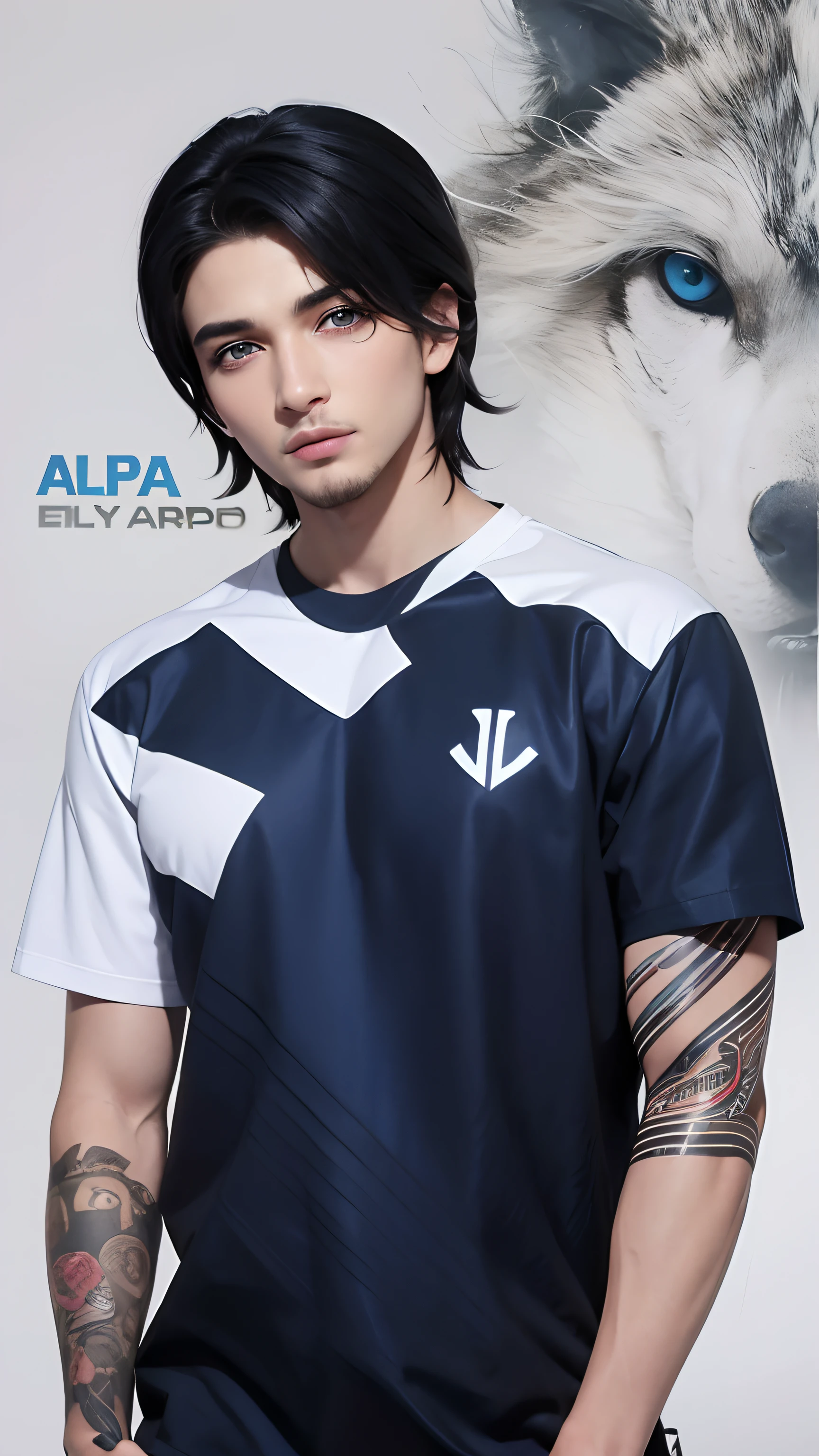 masterpiece, best quality, beautiful young man, shiny blue eyes, (detailed pupils:1.2), eyelash, black hair, streaked hair, multi color, medium hair, perfect face, detailed, facial hair