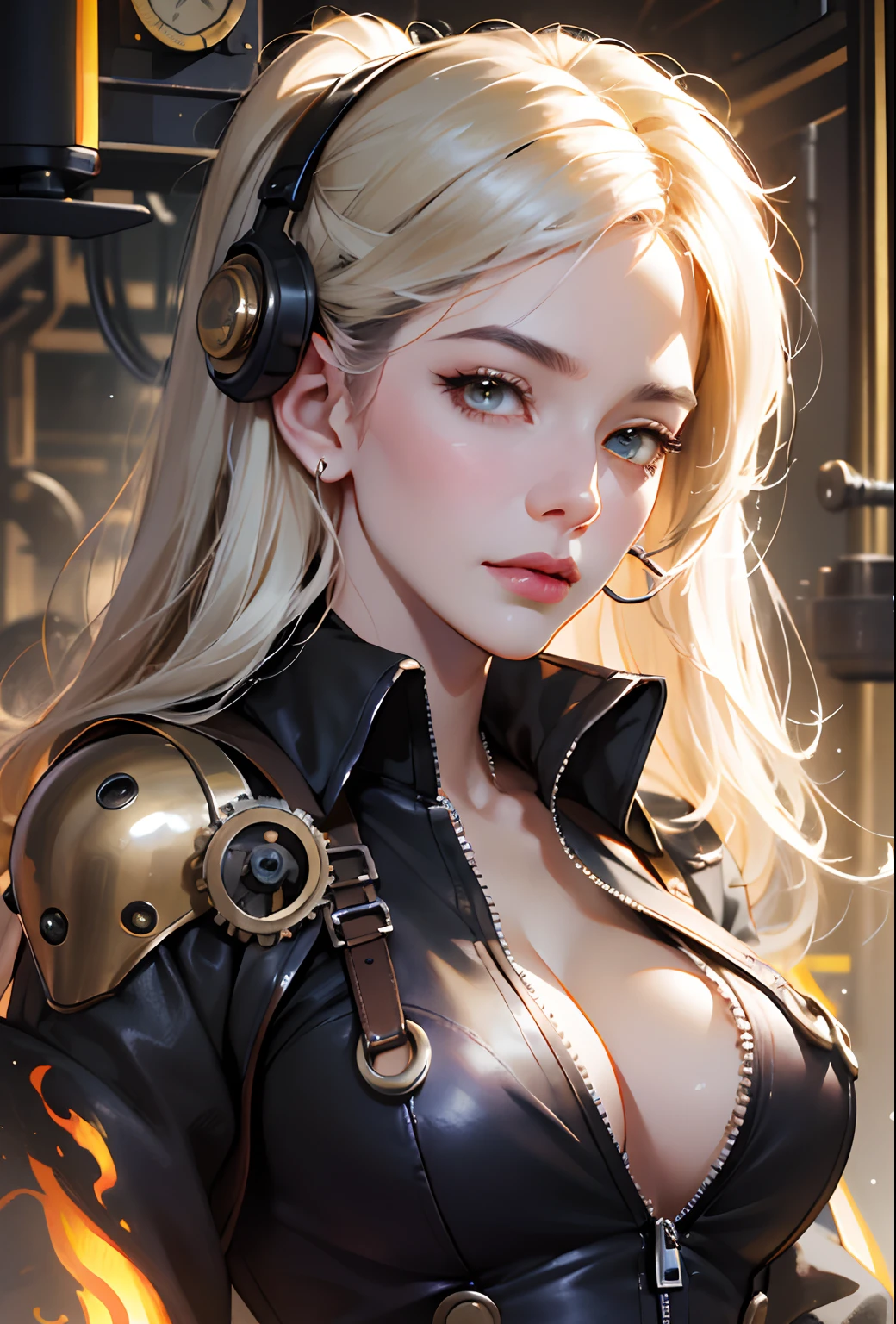 (absurdres, highres, ultra detailed), 1woman, mature female, sandra bullock, slender jaw, wavy long hair, split-color hair, heterochromia, bangs, long sleeves, finely detailed eyes and detailed face, extremely detailed CG unity 8k wallpaper, intricate details, (style-rustmagic:0.8), (medieval cyborg:0.8), portrait, (bloody wounds:0.7), looking at viewer, solo, half shot, detailed background, (steampunk theme:1.1) determined expression, dark couds technomancer, floating lights, color leather vest with gears, techwear, jetpack, workshop in background, machines, gears, steam, industry, technology, furnace, grime, anvil, buttons, levers, automaton, electricity, electric sparks epic atmosphere,, portrait(((steampunk sexy girl,big ass, big sagging natural breast, very marked cameltoe, pezones grandes y marcados bajo la ropa, pezones en punta,suggestive pose, steampunk full clothes insane detail, intricade detail clothes, gabardina larga, steampunk city background, areola marcada, areola sobresaliente, cleavage,)))