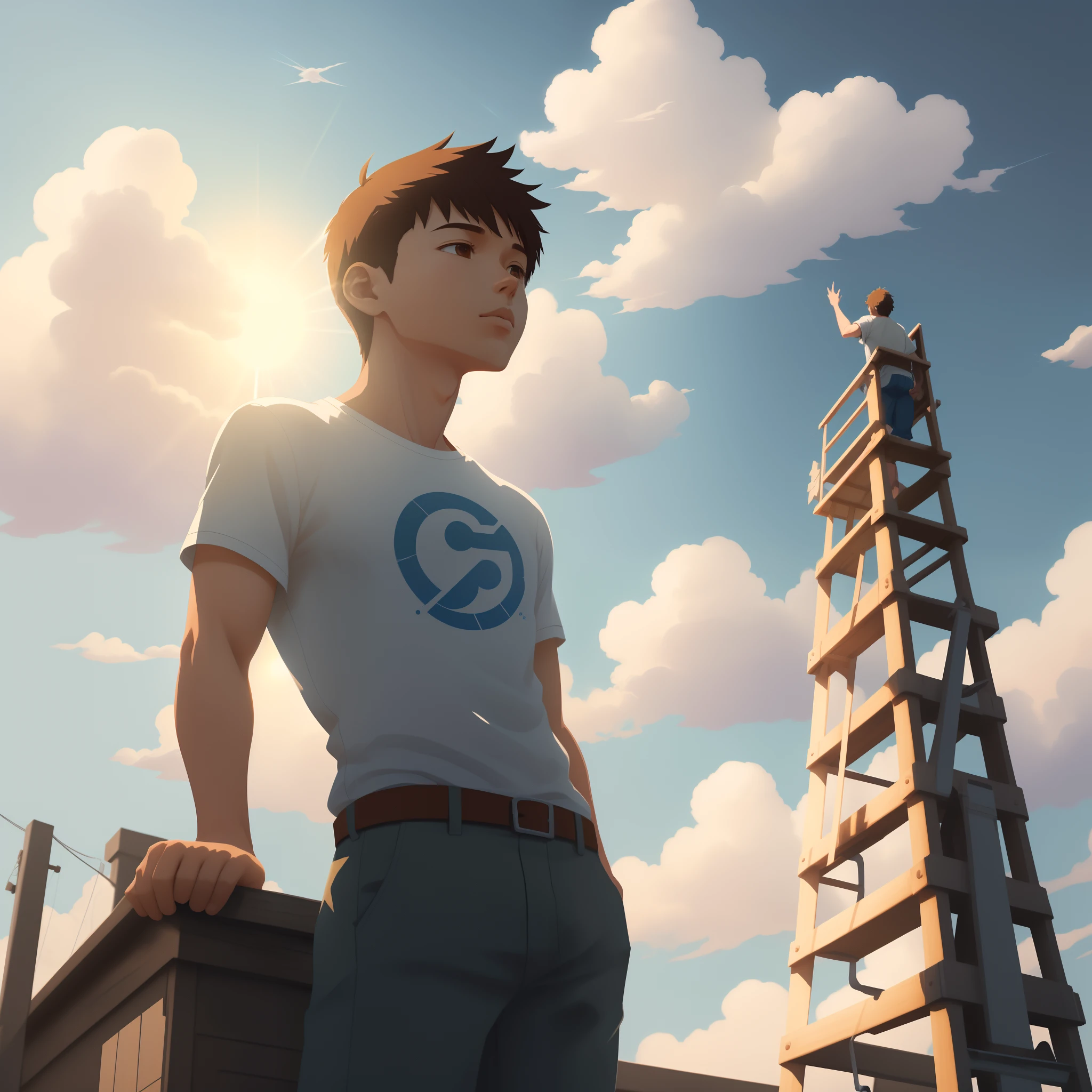 There is a man standing on a ladder with his arms raised, pointing to heaven, sun is in the top, Directed by: Jang Seung-eop, men look up at the sky, Looking Up The Sky, exciting illustration, Makoto Shinkai Cirilo Rolando, illustartion, reaching towards the heavens, Winning illustration, bloqueando o sol, up there, (cartaz dizendo motivation)