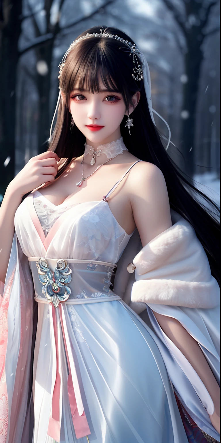 best qualityer,8K, tmasterpiece, A high resolution, 1girll, Clear silk porcelain dress, Fur coat, hair adornments, ssmile, Keep one's mouth shut, cparted lips,Large breasts,Shoulder, shift dresses, hair adornments, choker necklace, jewely, Chinese outfit, long whitr hair, 耳Nipple Ring, Detailed beautiful eyes, detailed eyelashes, beautiful face,after sexing_Body, Tyndall effect,realisticlying, edge lit, twotonelighting,(highdetailskin:1.2), 8K, Ultra HD, digital SLR camera, gentle illumination, high high quality, Volumetriclighting, Frankness, photore, A high resolution, Bokeh, at a forest, Falling snow, Winters, in the afternoon