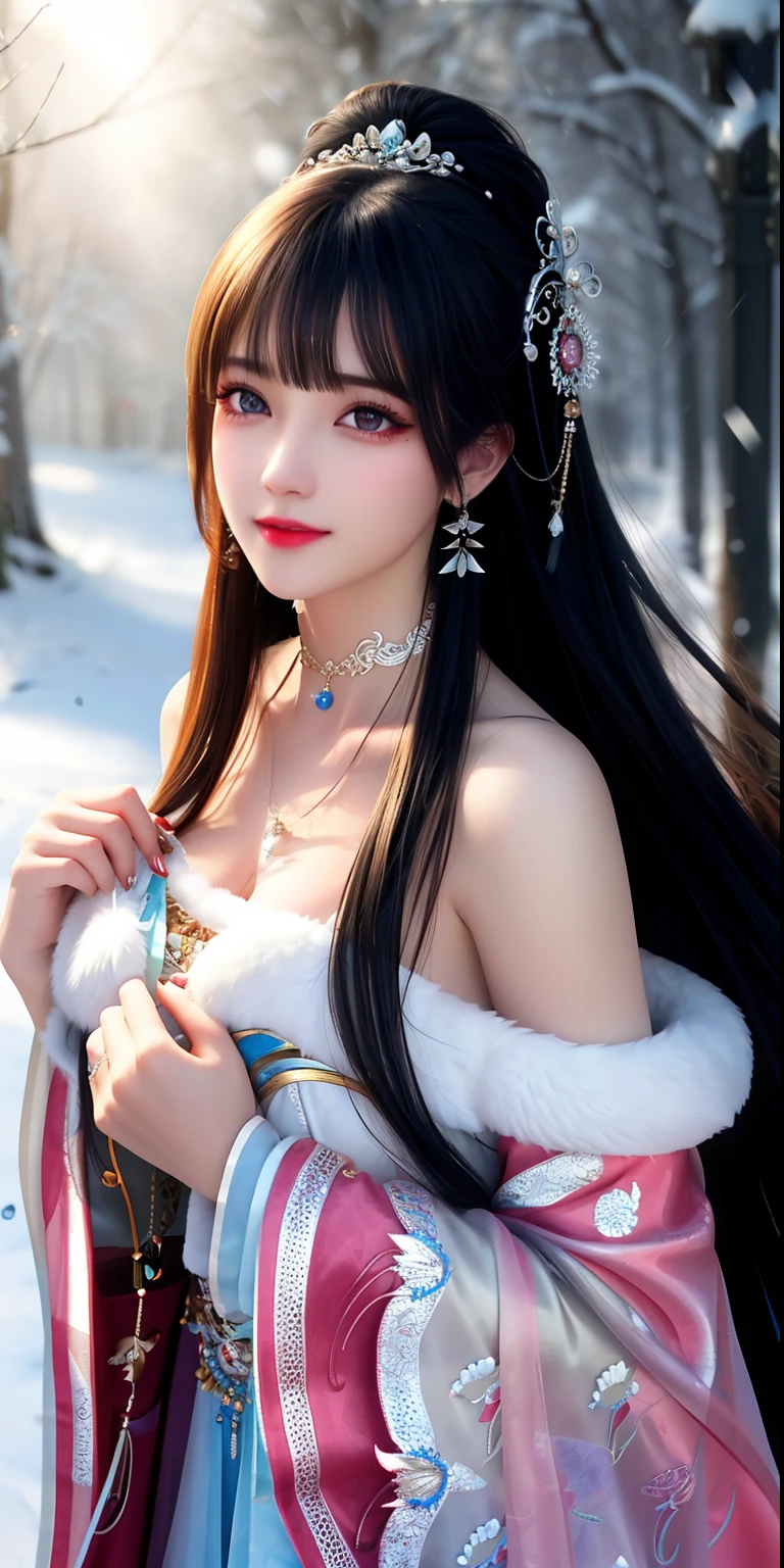 best qualityer,8K, tmasterpiece, A high resolution, 1girll, Clear silk porcelain dress, Fur coat, hair adornments, ssmile, Keep one's mouth shut, cparted lips,Large breasts,Shoulder, shift dresses, hair adornments, choker necklace, jewely, Chinese outfit, long whitr hair, 耳Nipple Ring, Detailed beautiful eyes, detailed eyelashes, beautiful face,after sexing_Body, Tyndall effect,realisticlying, edge lit, twotonelighting,(highdetailskin:1.2), 8K, Ultra HD, digital SLR camera, gentle illumination, high high quality, Volumetriclighting, Frankness, photore, A high resolution, Bokeh, at a forest, Falling snow, Winters, in the afternoon