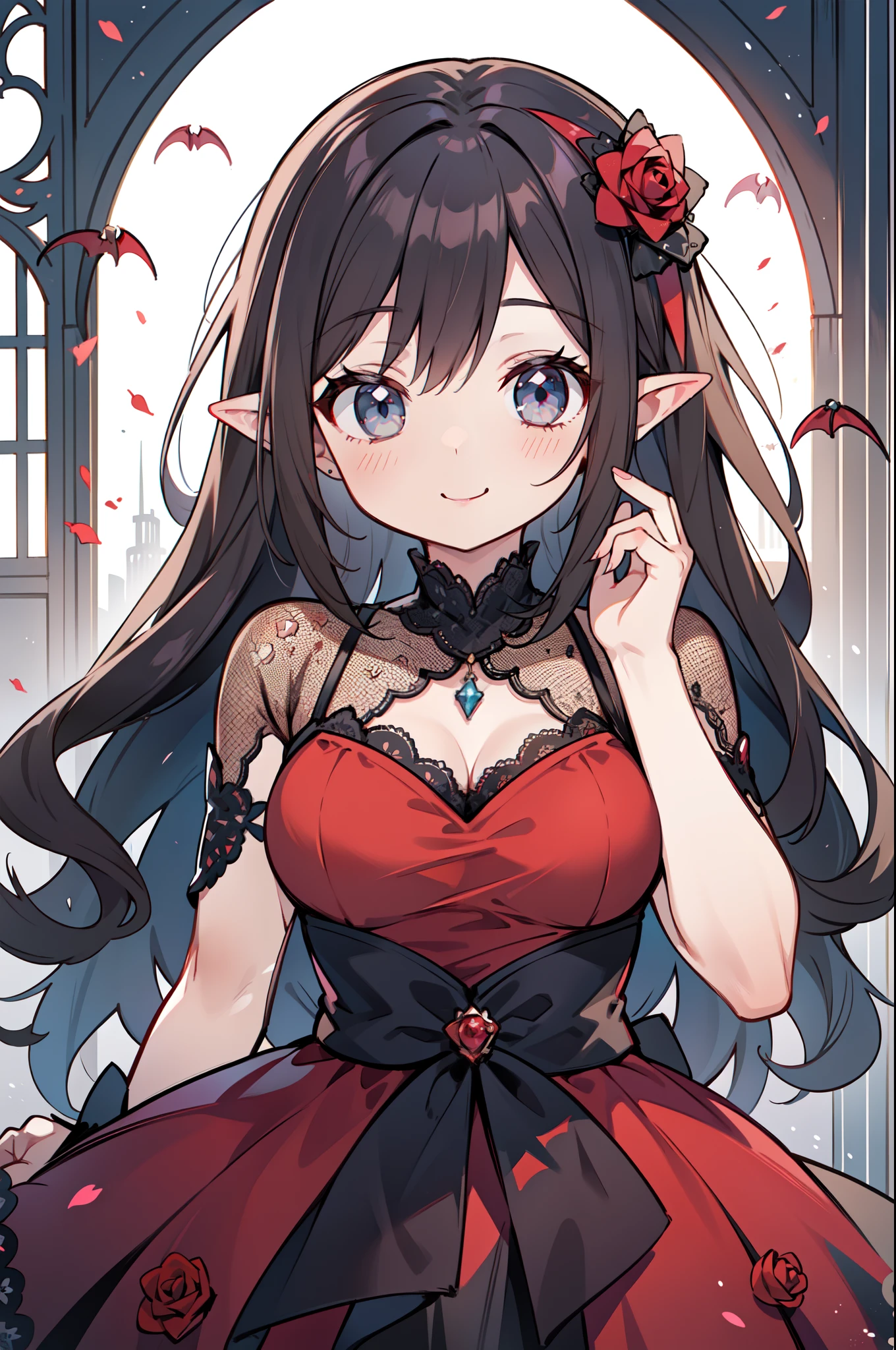 女の子1人、((Vampires))、My mouth opens slightly、A smile that opens its mouth slightly、Dark hair、length hair、long ears、Beautiful eyes and delicate face、Depicted from head to waist、masutepiece、top-quality、Lori girl in rose lace dress、Rose Dress、(Lace Material)、kawaii、Soft smile、classy、Lori