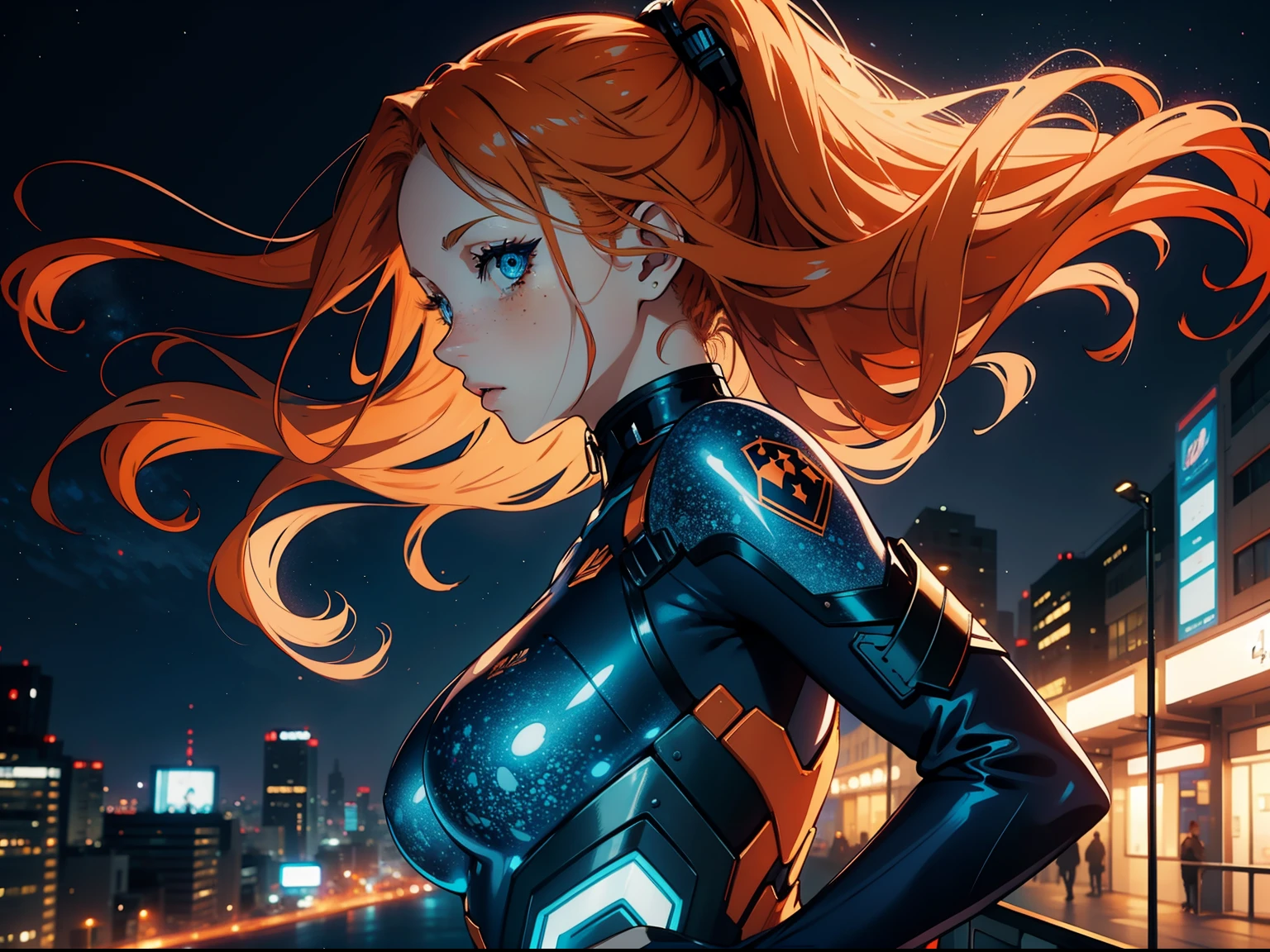 Pale lady with cute blue eyes, long curly orange hair, female, starry freckles, anime style, close up, side view, side profile, 4k image, holographic suit outfit, city background