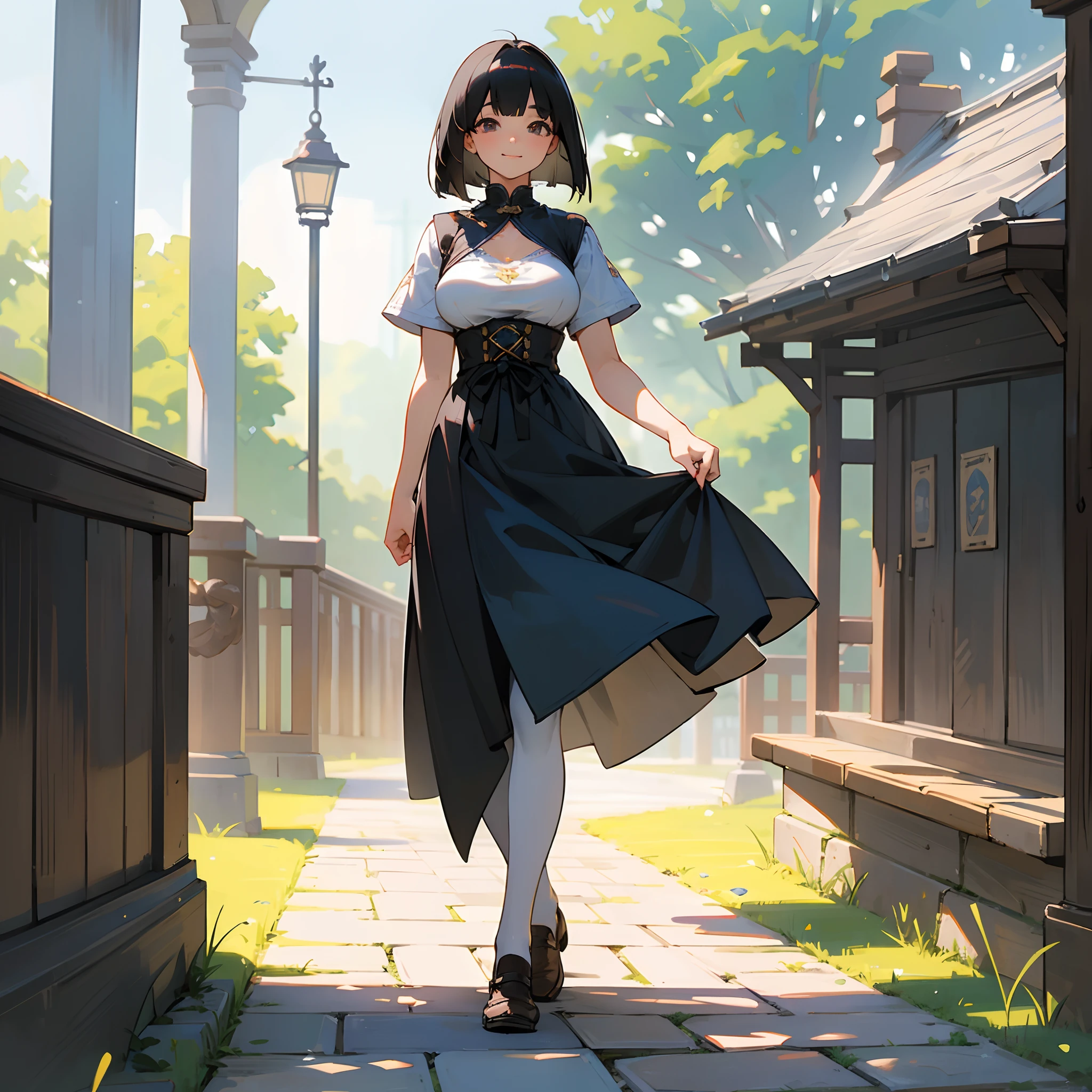 With the best image quality、Teenage girl standing alone outdoors。In high resolution、Beautiful fine details、tranquil atmosphere。((Black Hair Bob Hair))、Cute smile。(((breasts are large)))、I don't have anything in my hands、realistic hand、Medieval European national costume with short sleeves、Medieval European Streets、Leather shoes。