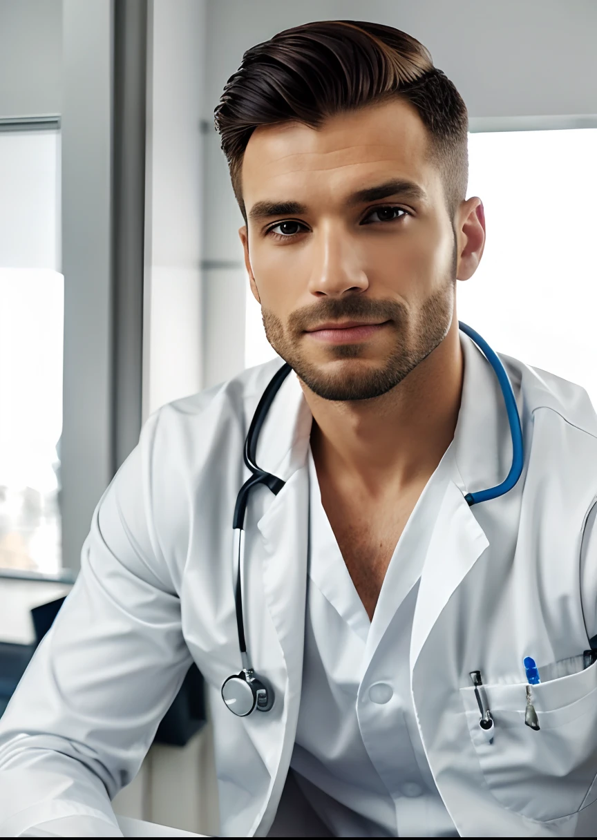 Homem de terno branco e gravata sentado em uma mesa, foto de um homem, sitting at desk, wearing a medical suit, foto corporativa, homem bonito, retrato profissional hd, wearing white doctors suit, sentado em uma mesa, uma foto de um homem, bonito e atraente, foto de perfil profissional, homem atraente, sitting behind desk