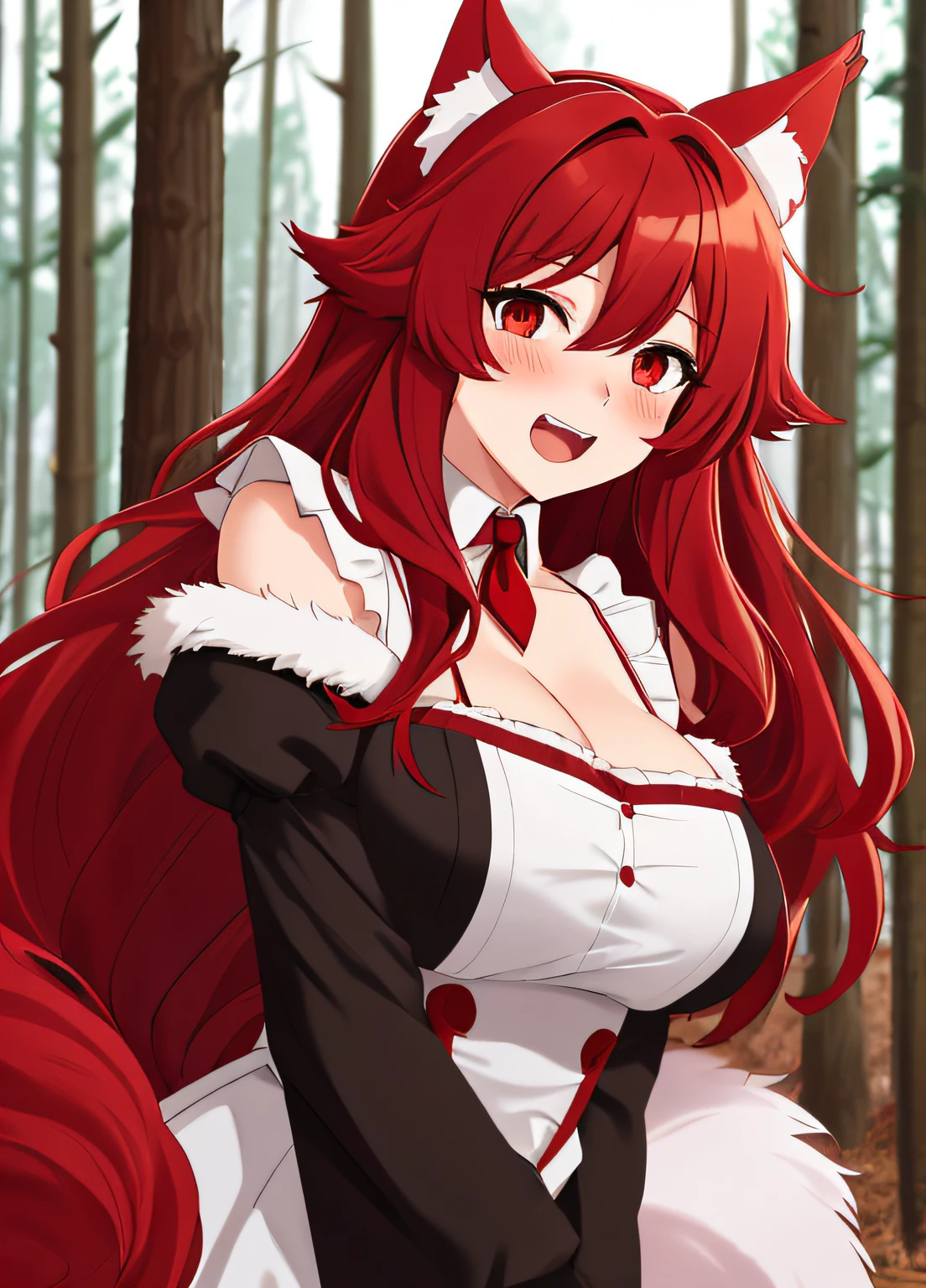 Flay, 1girl, animal ears, long hair, red hair, solo, breasts, wolf ears, tail, maid outfit, wolf tail, red eyes, looking at viewer, open mouth, large breasts, forest, nature, blush, outdoors, hair between eyes, animal ear fluff, wolf girl, very long hair, tree