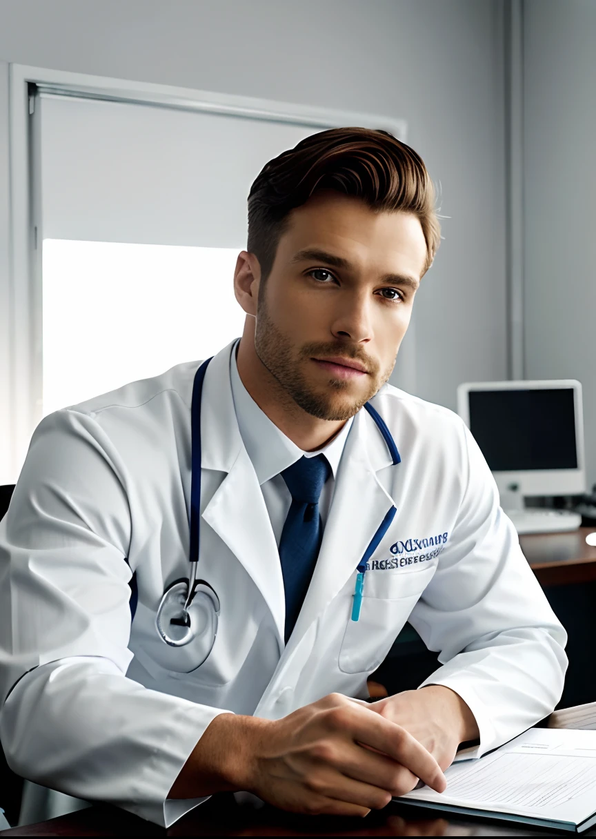 Homem de terno branco e gravata sentado em uma mesa, foto de um homem, sitting at desk, wearing a medical suit, foto corporativa, homem bonito, retrato profissional hd, wearing white doctors suit, sentado em uma mesa, uma foto de um homem, bonito e atraente, foto de perfil profissional, homem atraente, sitting behind desk