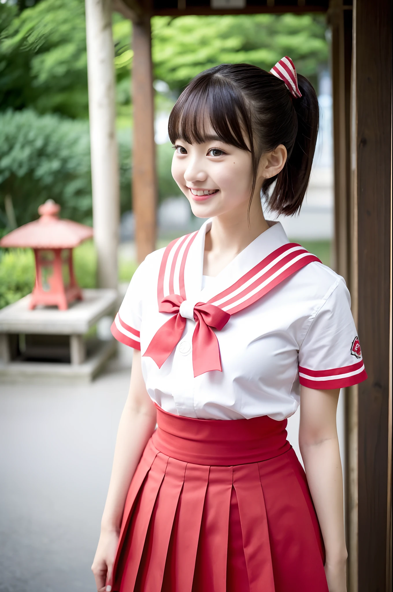 girl in old-Japan shrine,dark red and white sailor shirt,high waist dark red skirt,small ribbon bow on hair,18-year-old,bangs,a little smiles,thighs,low poneytail,short cut hair,from below