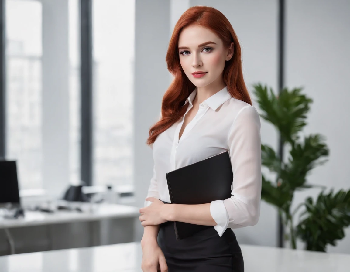 a girl with vibrant red hair, wearing a crisp white blouse, a sleek black skirt, and elegant high heels. The focus is a full-body shot, capturing her confidence and poise. The girl stands in a modern and sophisticated office, with a sleek glass desk and minimalist decor. The room is flooded with natural light, creating a soft and serene atmosphere. The girl's eyes sparkle with determination and ambition, complementing her radiant smile and precisely applied makeup. Her posture exudes professionalism and grace, as she confidently holds a stack of documents in her hands. The office environment is dotted with elegant details, such as polished silver accents and lush potted plants, adding a touch of sophistication. The girl's red hair serves as a striking contrast against the white blouse, emphasizing her individuality and confident nature. The colors are vibrant and well-balanced, with a high level of realism and attention to detail. The lighting is carefully designed to accentuate the girl's features and create a captivating visual effect. The overall composition is visually stunning, highlighting the girl's strength and determination in a professional setting. This prompt guarantees the best quality, with ultra-detailed and photorealistic elements, resulting in a masterpiece that captures the essence of a powerful, red-headed woman in an office environment.