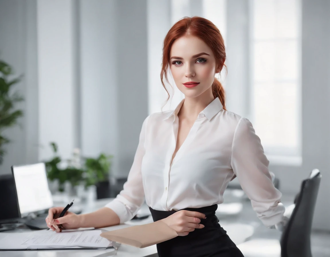 a girl with vibrant red hair, wearing a crisp white blouse, a sleek black skirt, and elegant high heels. The focus is a full-body shot, capturing her confidence and poise. The girl stands in a modern and sophisticated office, with a sleek glass desk and minimalist decor. The room is flooded with natural light, creating a soft and serene atmosphere. The girl's eyes sparkle with determination and ambition, complementing her radiant smile and precisely applied makeup. Her posture exudes professionalism and grace, as she confidently holds a stack of documents in her hands. The office environment is dotted with elegant details, such as polished silver accents and lush potted plants, adding a touch of sophistication. The girl's red hair serves as a striking contrast against the white blouse, emphasizing her individuality and confident nature. The colors are vibrant and well-balanced, with a high level of realism and attention to detail. The lighting is carefully designed to accentuate the girl's features and create a captivating visual effect. The overall composition is visually stunning, highlighting the girl's strength and determination in a professional setting. This prompt guarantees the best quality, with ultra-detailed and photorealistic elements, resulting in a masterpiece that captures the essence of a powerful, red-headed woman in an office environment.