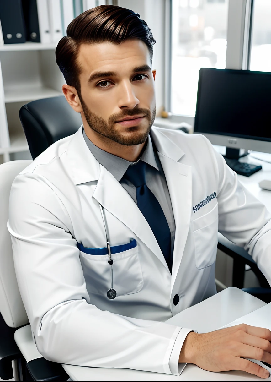 Homem de terno branco e gravata sentado em uma mesa, foto de um homem, sitting at desk, wearing a medical suit, foto corporativa, homem bonito, retrato profissional hd, wearing white doctors suit, sentado em uma mesa, uma foto de um homem, bonito e atraente, foto de perfil profissional, homem atraente, sitting behind desk