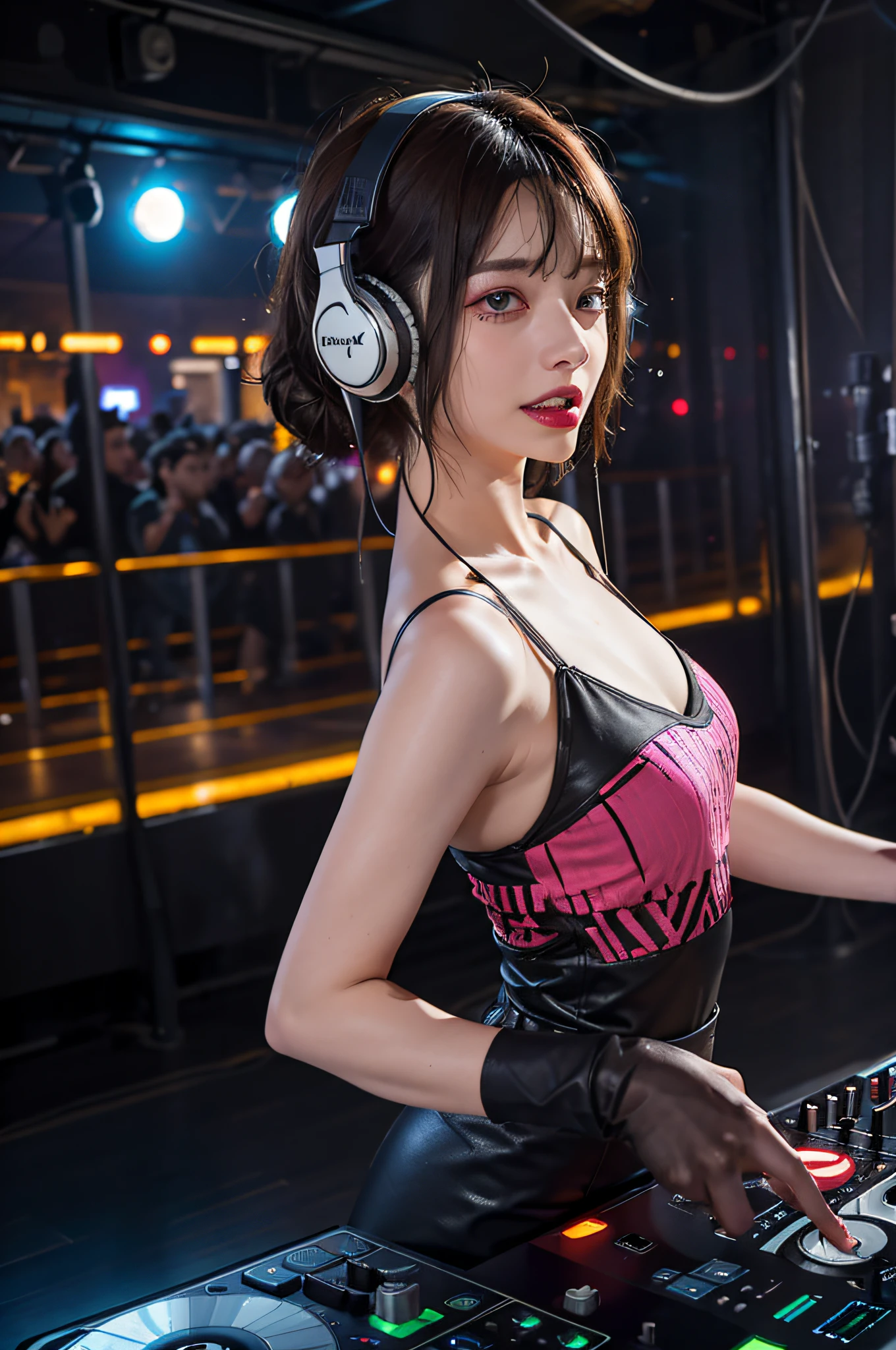 upper body, female dj, colorful clothes , quirky, vibrant appearance, playful accessories, creative behavior, imaginative, sensual, spontaneous, dj headphones, mixing console, music club, night club, indie theaters, people dancing on the dance floor background, underground danceclub, highest quality, skin texture, intricate details, (cinematic lighting), RAW photo, 8k