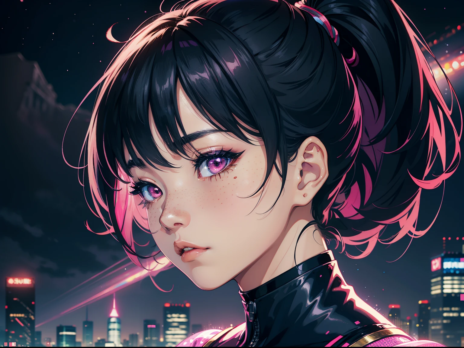 Asian lady with cute pink eyes, black hair, female, starry freckles, anime style, close up, side view, side profile, 4k image, holographic suit outfit, city background