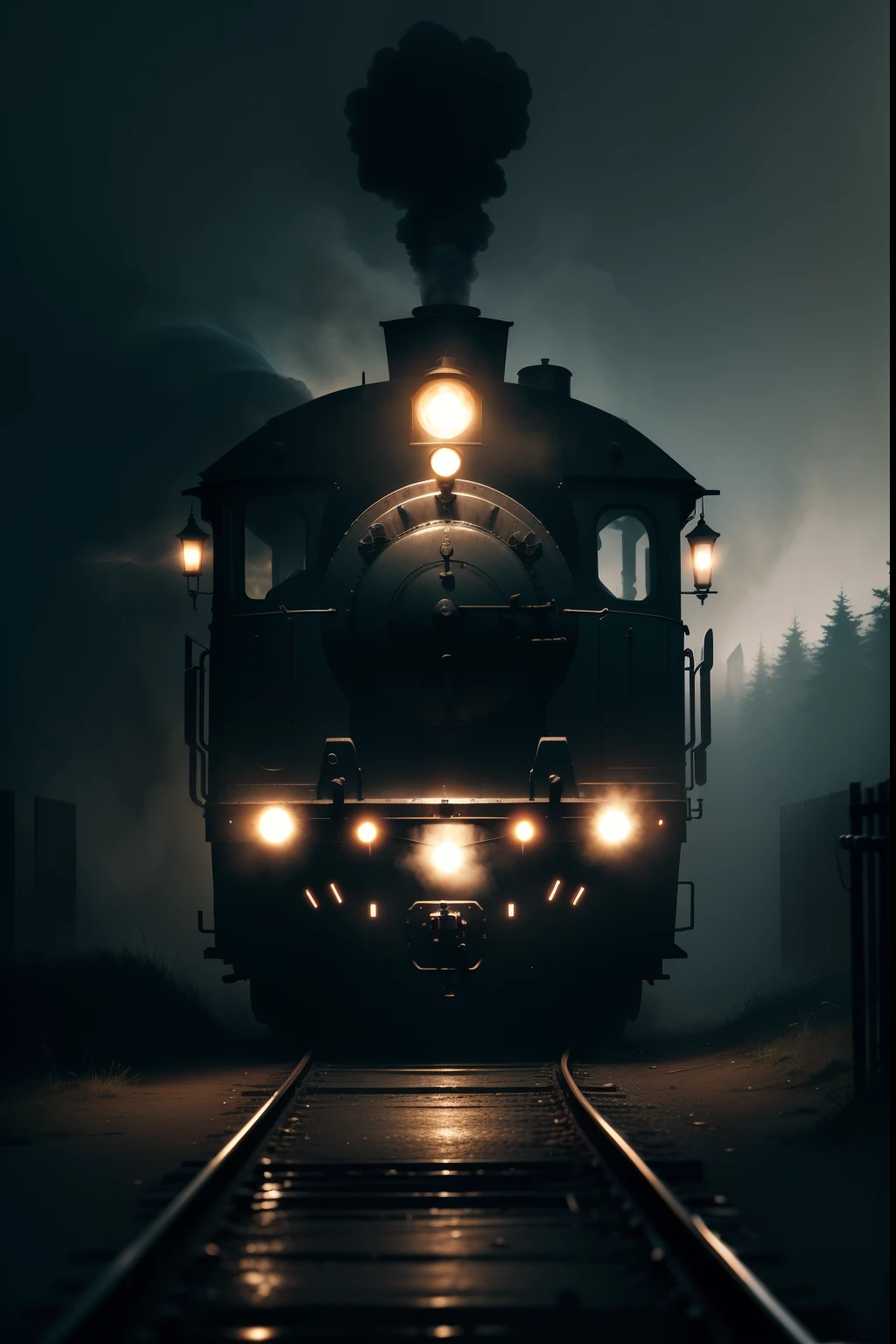 a ghost train in mist, ominous aura