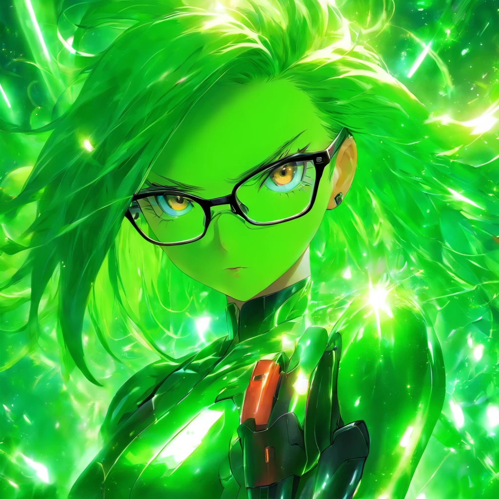 korone, shiny skin, shiny body, fembot,shiny, green hair, glasses, wearing black frame glasses, female android,with glasses,Asian,popular pronstar,Scientist