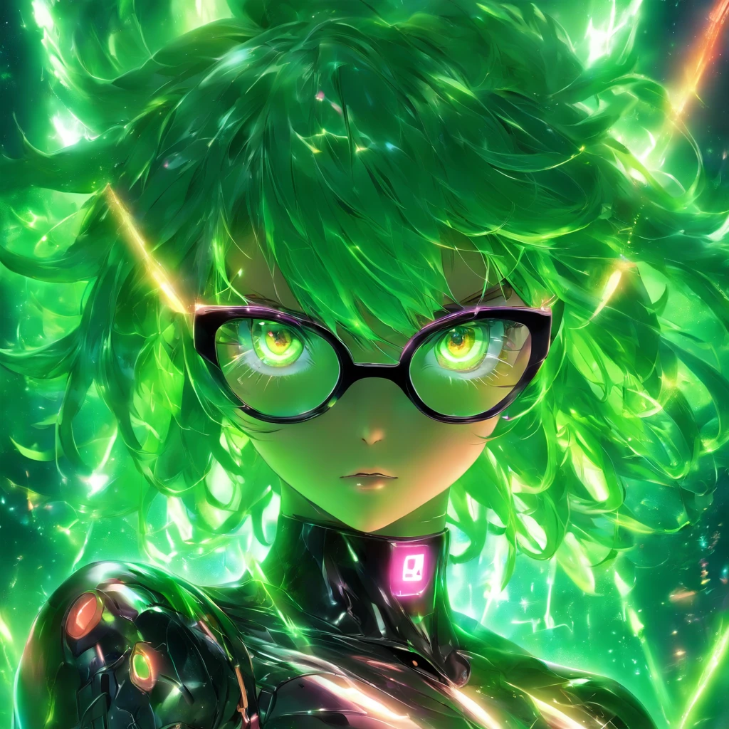 korone, shiny skin, shiny body, fembot,shiny, green hair, glasses, wearing black frame glasses, female android,with glasses,Asian,popular pronstar,Scientist