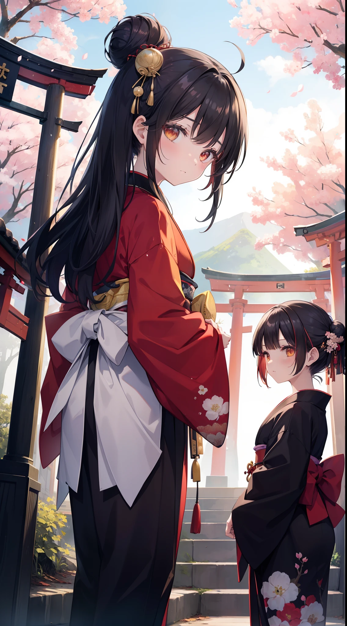 ((masterpiece,top-quality)),2girls, Black kimono, Black legwear, Black ribbon, A dark-haired, cherry trees, daytime, florals, Bun, Hair ribbons, komono, kimono, The long-haired, Behold, Looks Back, multipel Girls, obi, outside of house, red eyes, redhair, bow ribbon, sandal, single hairbun, stairway, is standing, figura, torii gate, The tree, White kimono, yellow eyes,The Perfect Five Fingers,