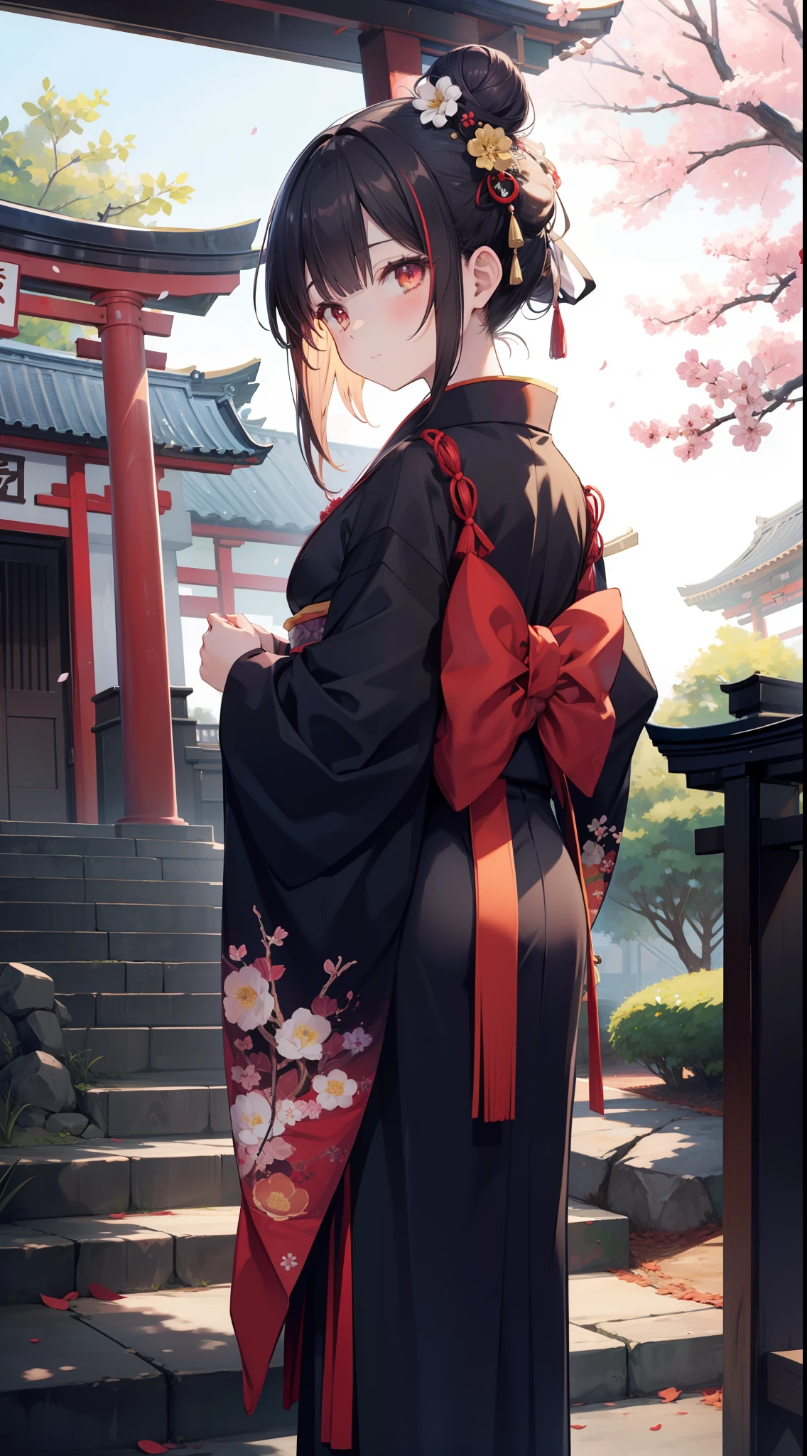 ((​masterpiece,top-quality)),2girls, Black kimono, Black legwear, Black ribbon, A dark-haired, cherry trees, daytime, florals, Bun, Hair ribbons, komono, kimono, The long-haired, Behold, Looks Back, multipel Girls, obi, outside of house, red eyes, redhair, bow ribbon, sandal, single hairbun, stairway, is standing, figura, torii gate, The tree, White kimono, yellow  eyes,The Perfect Five Fingers,