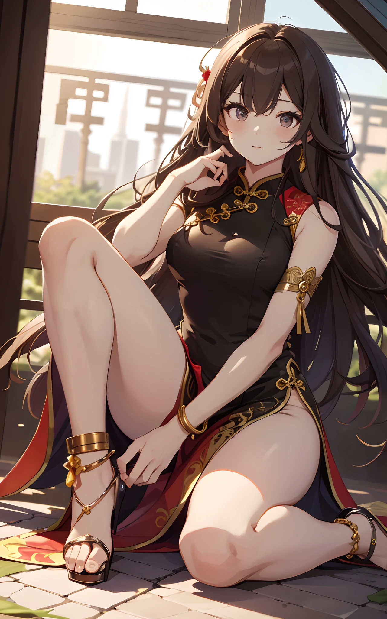 best quality, masterpiece, ultimate resolution, bare foot, bare legs, bare thighs, brown-haired semi-long, downy, highly colorful, cheongsam beauty, beautiful face, beautiful legs, mature woman, ((red sleeveless mini cheongsam)), kneeling pose, (anime girl sitting on the ground with her legs crossed), pointing at you in the ass), collar, anklets, (black high-heels), correct posture,