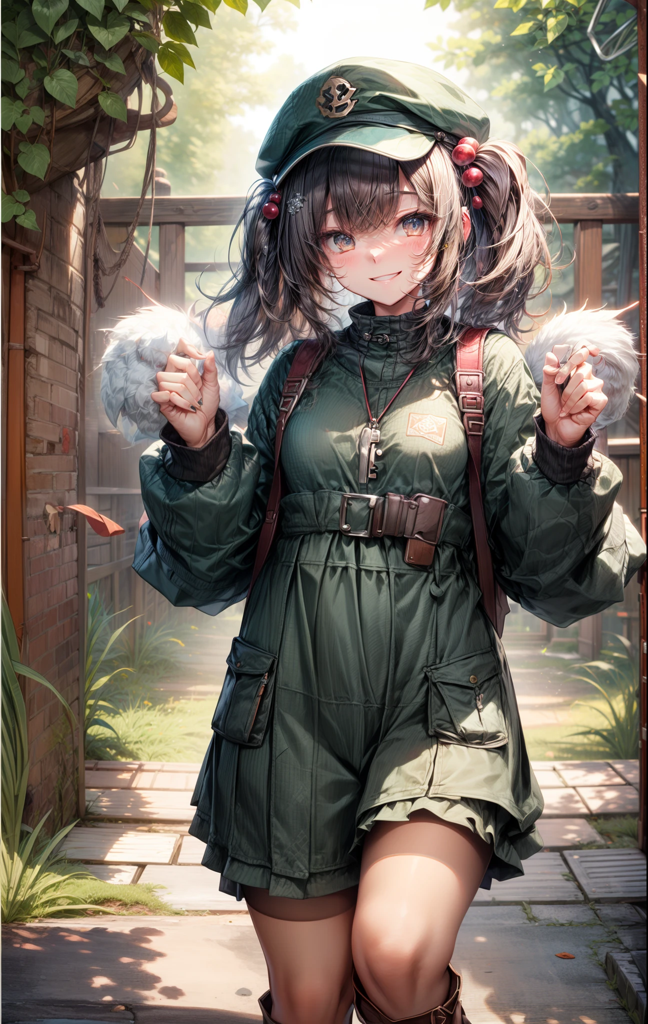 masutepiece, Best Quality, ,1girl in,Smile,Kawashiro Nitori, Closed mouth,two side up, hat,hair bobbles,backpack,keys,Hold cattail,Rubber boots,greybackground, (nffsw:0.7) Hires, Best Quality, Official art, NSFW, best anatomy, 1girl in, SEX, on the beds, POV, , Mission Grab, missionaries, masutepiece, Best Quality,Mission Grab,Doggie Grab