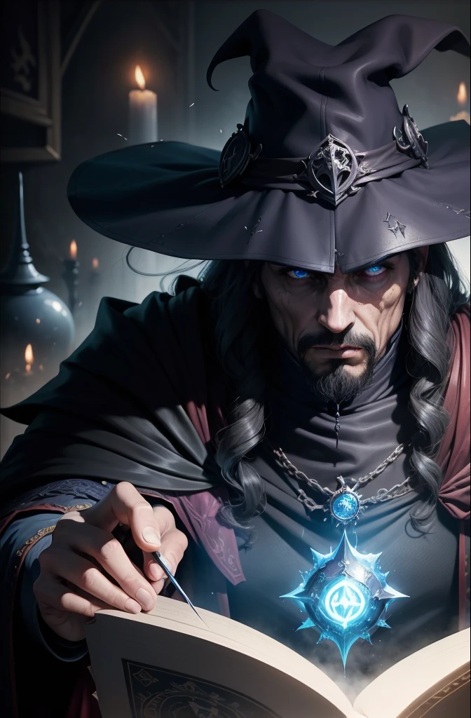 um close up de uma pessoa segurando uma corrente em um quarto escuro, necromante de capa escura, an arcane wizard casting a spell, feiticeiro malvado, feiticeiro masculino malvado, Lich Vecna (d&d), mago das trevas, Cultist, Arte do Jogo de Cartas de Fantasia, oCultista, Mago morto-vivo, Wraith com capuz escuro, postura imponente, fundo dramatico, obscuro