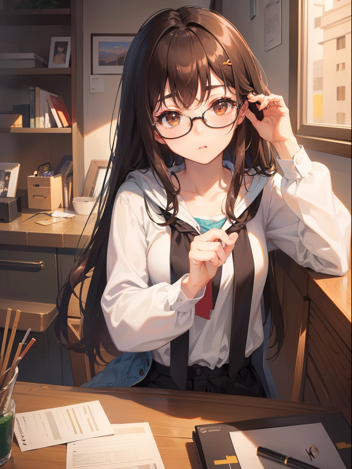 1人の女性、brown haired(Curta)、Brown eyes、Black-rimmed glasses、 Best Quality、ultra-detailliert、8K resolution、Raw photo、Attractive、gorgeous faces、college aged、22year old