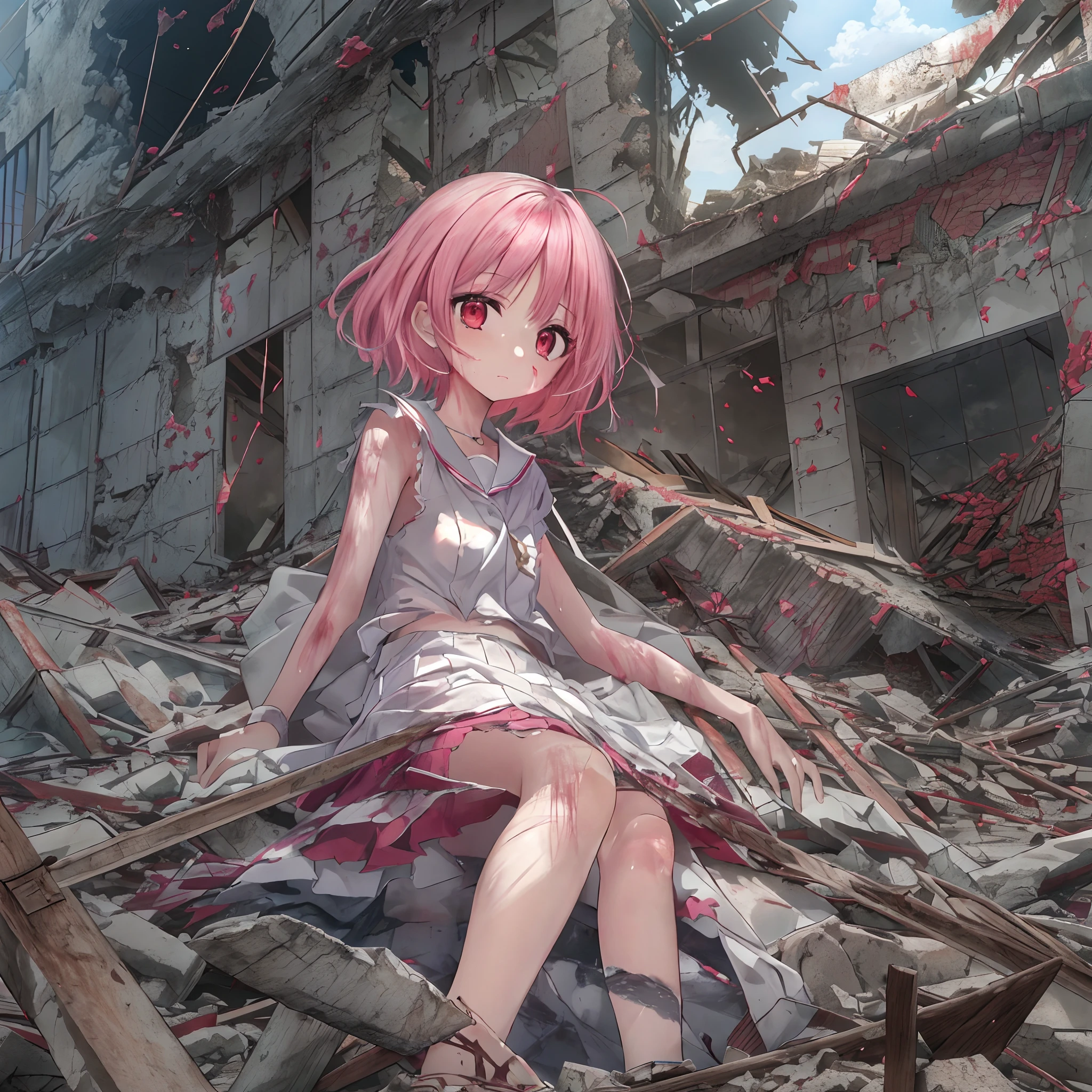 absurderes, hight resolution, (Anime style:1.1), ((masutepiece)), ((Best Quality)), (Ultra-detailed), (Beautiful), 独奏, Beautiful face、(liftup),(Cute girl lying on her back in the ruins of a building:1.4),Wind,Pink hair, Fine red eyes,Ephemeral,Looking at Viewer,Dramatic、(full body Esbian)、Face after rape、low angles、12year old、(Rape and defiled bodies:1.6)、Summer Uniforms、ripped clothing、Disheveled clothes、perspiring、karo、The sky is bright red、Missiles are flying、fires、disasters