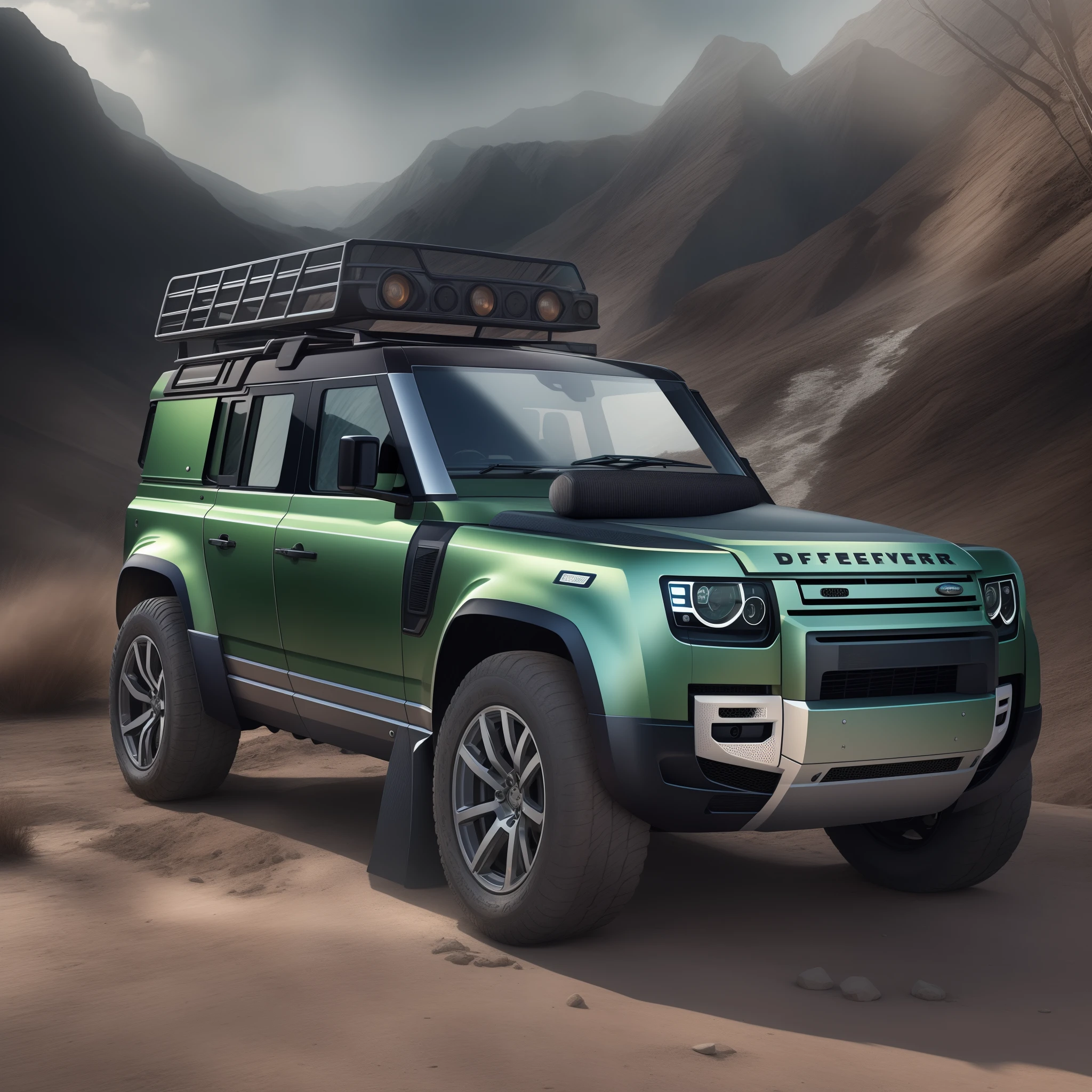 A cinematic photorealistic color digital drawing of 2022 Land Rover Defender, extreme modified and styled by Kahn Design, insanely detailed and intricate, crisp sharp and clear, volumetric lighting, ultra-high resolution, masterpiece hyper realistic artwork Frank Bellamy, centered, Hi-key, Professional color grading by Kenneth Hines Jr.