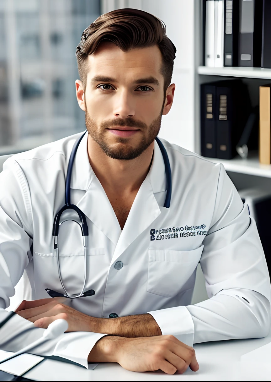 Homem de terno branco e gravata sentado em uma mesa, foto de um homem, sitting at desk, wearing a medical suit, foto corporativa, homem bonito, retrato profissional hd, wearing white doctors suit, sentado em uma mesa, uma foto de um homem, bonito e atraente, foto de perfil profissional, homem atraente, sitting behind desk