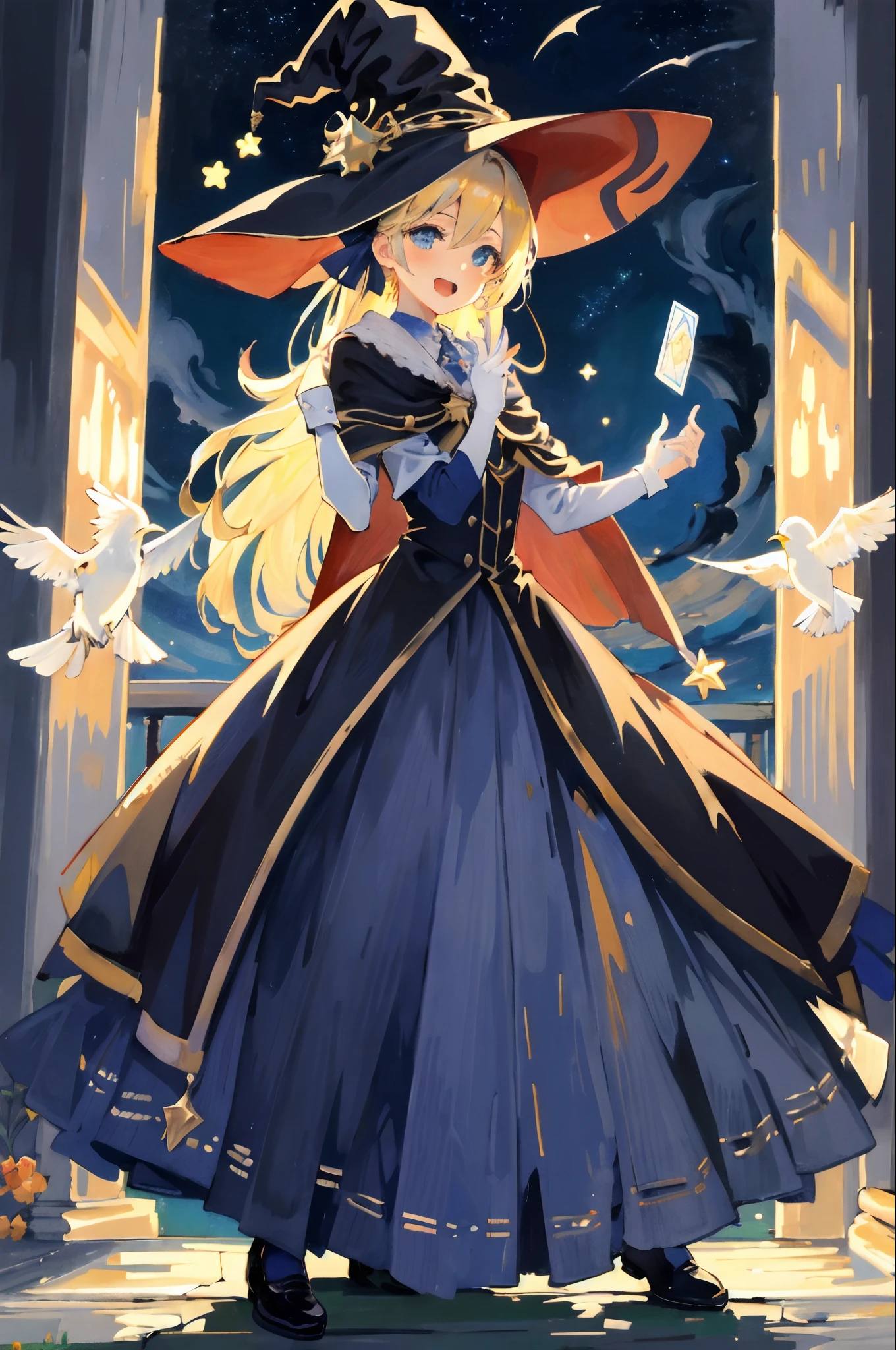 ((masterpiece:1.2, best quality)), 1girl, solo, (witch hat), blonde hair, long hair, dress, aurora, night, star (sky), gloves, sky, white dress, night sky, open mouth, starry sky, blue eyes, ribbon, very long hair, red dress, smile, hair ribbon, cape, blue hair, (bird), magic, casting spell, dark clouds, night, (impressionism:1.4), (tarot:1.3), alphonse mucha,