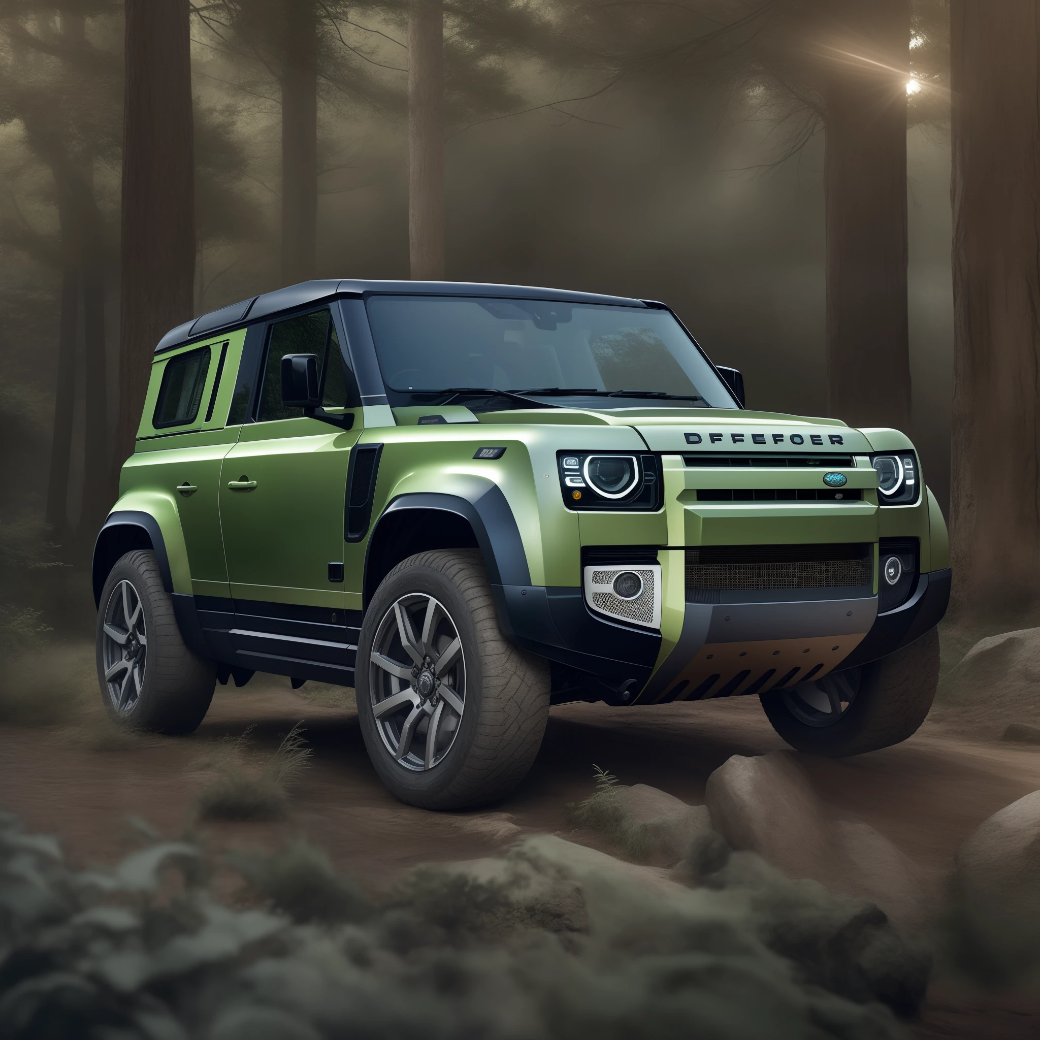 A cinematic photorealistic color digital drawing of 2022 Land Rover Defender, extreme modified and styled by Kahn Design, insanely detailed and intricate, crisp sharp and clear, volumetric lighting, ultra-high resolution, masterpiece hyper realistic artwork Frank Bellamy, centered, Hi-key, Professional color grading by Kenneth Hines Jr.