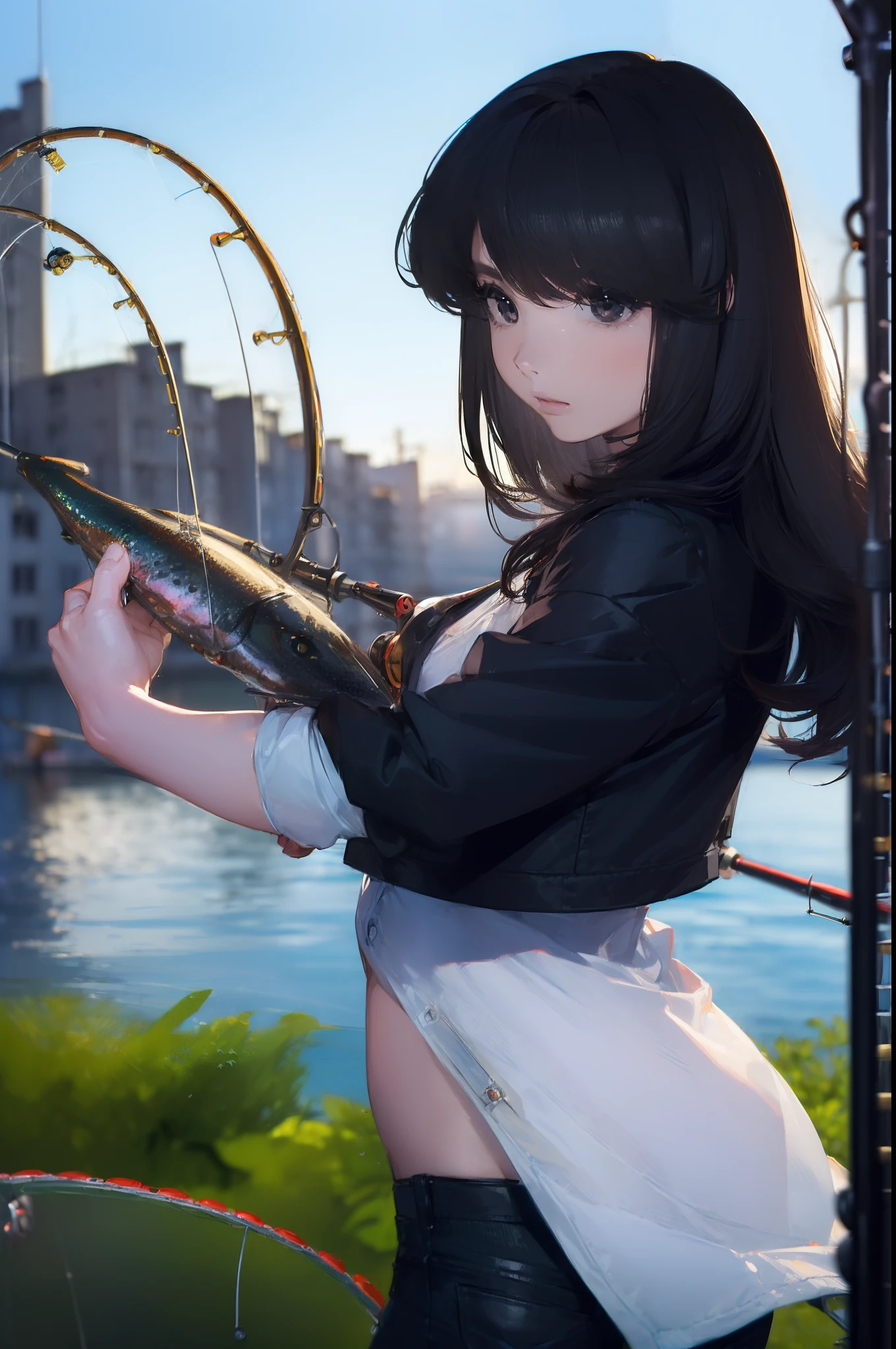 ((((Have fishing rod with a reel:1.5)))),((Female 28 years old)),((Best Quality:1.5)),(((Hands with the correct number and structure of fingers:1.4))),((lakeside:1.37)),hight resolution,ultra-detailliert,​masterpiece,best qualtiy,(Eight-headed body),Black hair, long eyeslashes, Solid Circle Eyes, drop shadow, Atmospheric perspective,Super Detail, ccurate, small brest,(Black jacket and black jeans :1.1),top-quality, blurry backround, bokeh dof:1.2, (​masterpiece:1.3),  Atmospheric perspective,Super Detail,dynamic compositions,