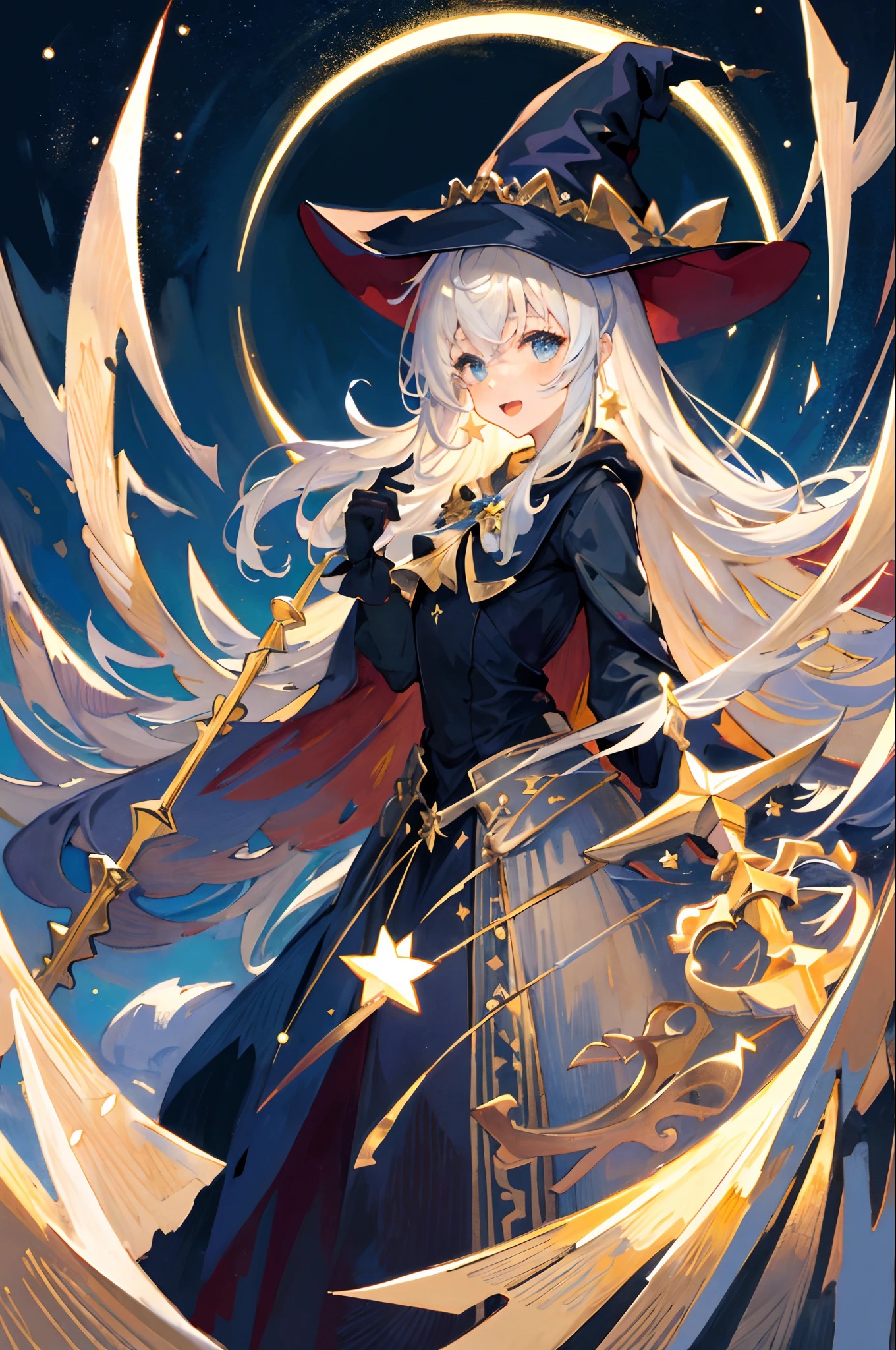 ((masterpiece:1.2, best quality)), 1girl, solo, (witch hat), blonde, long hair, skirt, aurora, night, stars (sky), gloves, sky, white skirt, night sky, mouth open, starry sky, blue Eyes, Ribbons, Long Hair, Red Dress, Smile, Headband, Cape, Blue Hair, (Bird), Magic, Spellcasting, Dark Clouds, Night, (Impressionism: 1.4), (Tarot: 1.3), Alphonse Mucha,