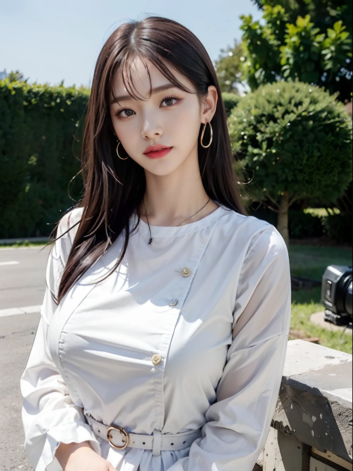 (8K、Raw photography、Top image quality、masterpiece:1.2)、(realisitic、Photorealsitic:1.37)、1girl in、Kpop Idol、20yr old、femele、sunny sky、A city scape、Lori、natural soft light、photon maping、Radio City、详细的脸、Detailed lips、detailedeyes、Single eyelid、Slender eyes、dark black hair with bangs,,,,(huge-breasted:1.2)、(loose-fitting clothes、wonderful dress、Detailed fabrics)、Long length T-shirt、Thin Metal Necklace、piercings、full body Esbian、perfect bodies、(Glossy skin feeling)、smil、Make eye contact with the camera、sweat-wet skin、A smile