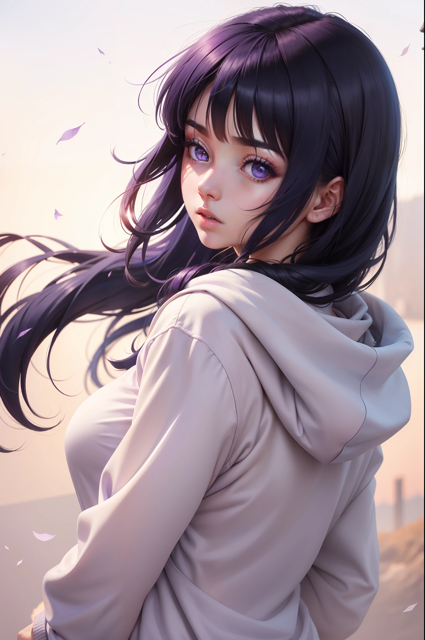 1 girl,female body, beautiful,blue black hair,hinata hyuga,the last,lilac hoodie, realistic, realistic photo,detailed face,sakura background,white eyes